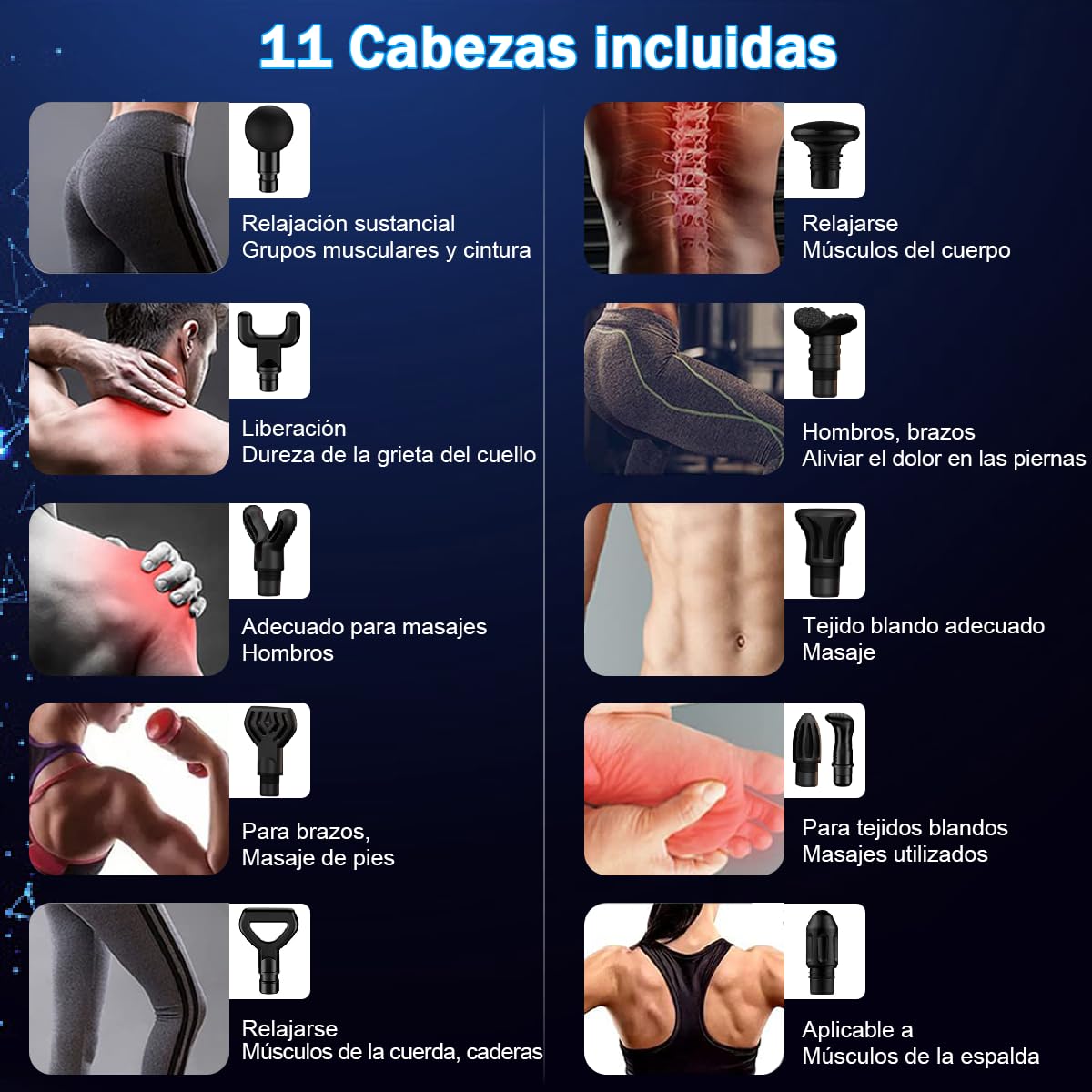 Pistola De Masajes,Pistola Masajeadora con 11 Cabezales y 20 Velocidades Ajustables,Masajeadores Eléctrico de Mano con Pantalla Lcd,Masajeador Muscular Ideal para Hombros,Cuello, Espalda
