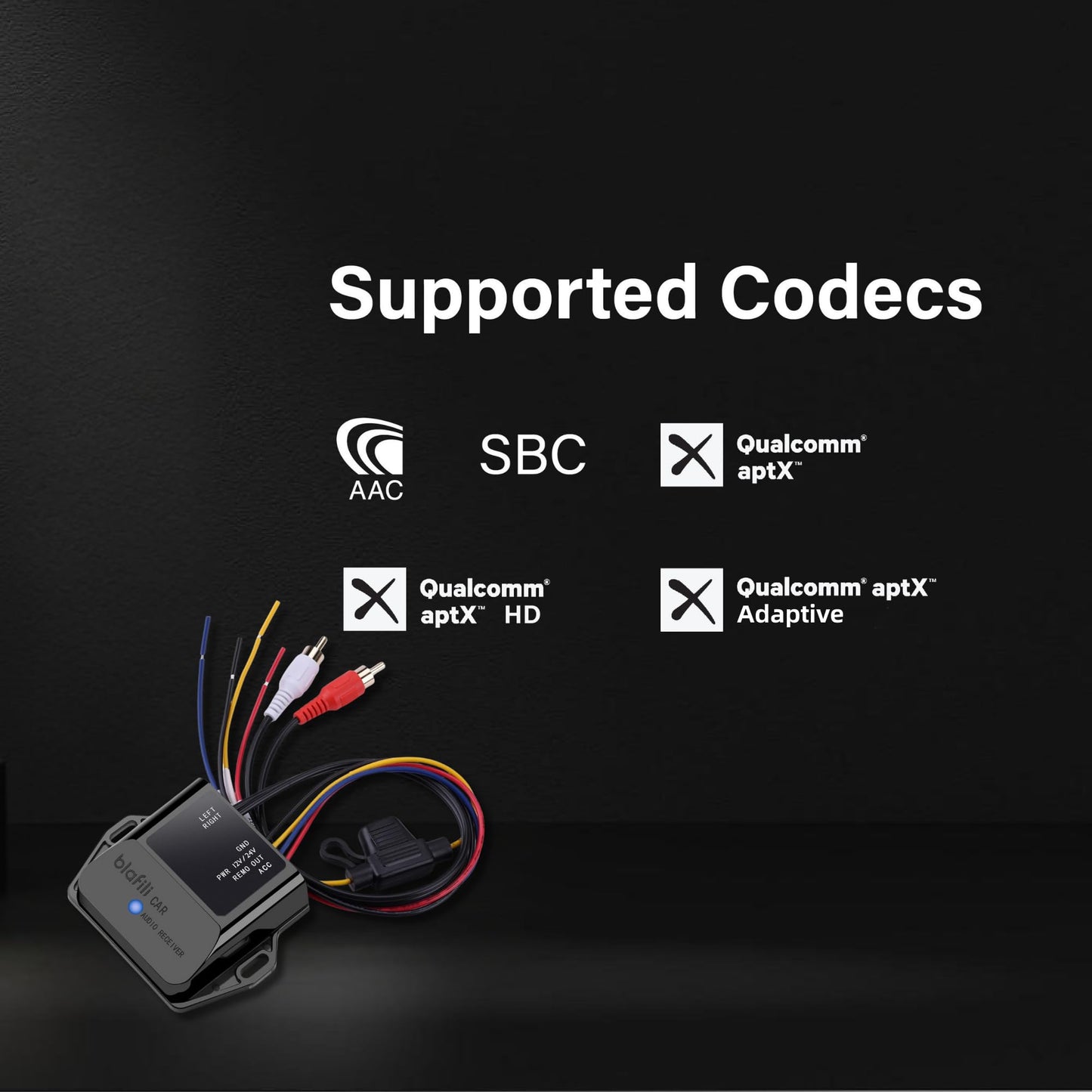 blafili - Receptor Bluetooth 5.2 para coche, aptX adaptable, aptX HD, AAC, SBC, compatible con 12 V/24 V, disparador remoto, salida RCA estéreo, adaptador inalámbrico A2DP para coche, camión, marina
