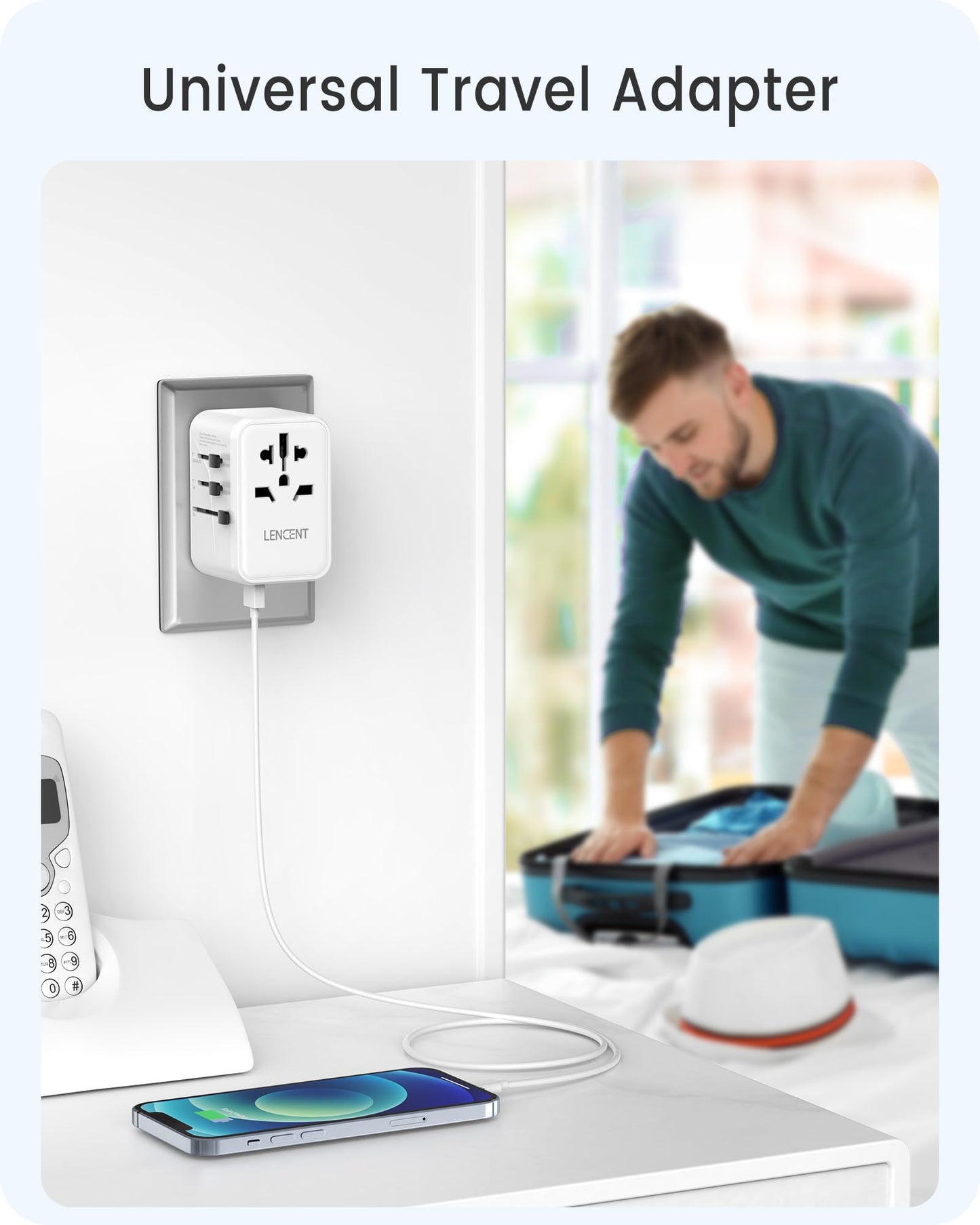 LENCENT Adaptador Universal de Viaje, GaN III 65W Cargador Internacional con 2 Puertos USB y 3 PD USB-C Carga Rápida, Adaptador Cargador Europeo con Enchufe Tipo A/C/G/I para USA/Europa/UK/AUS, Blanco