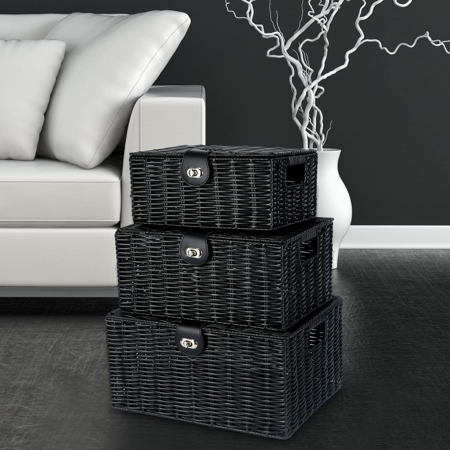Honygebia - Juego de 3 cestas de almacenamiento de mimbre negro - Cajas decorativas con tapas, cesta tejida con cerradura y asa, organizador para maquillaje, belleza, decoración de baño