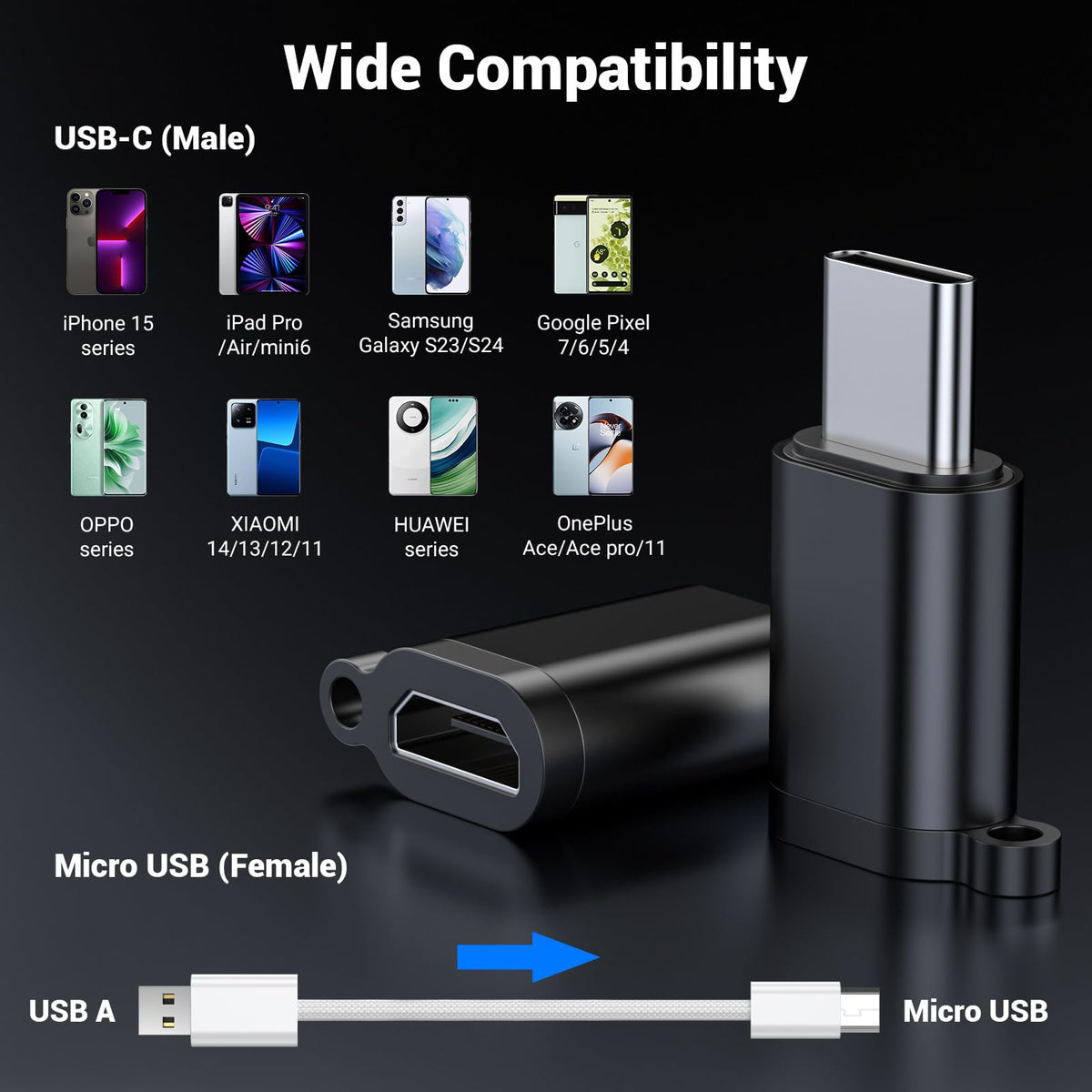 Adaptador USB C a Micro USB Compatible con Samsung Galaxy S10 S9 S8 iPhone 15 Note 9 8 Transferencia de Datos y Carga