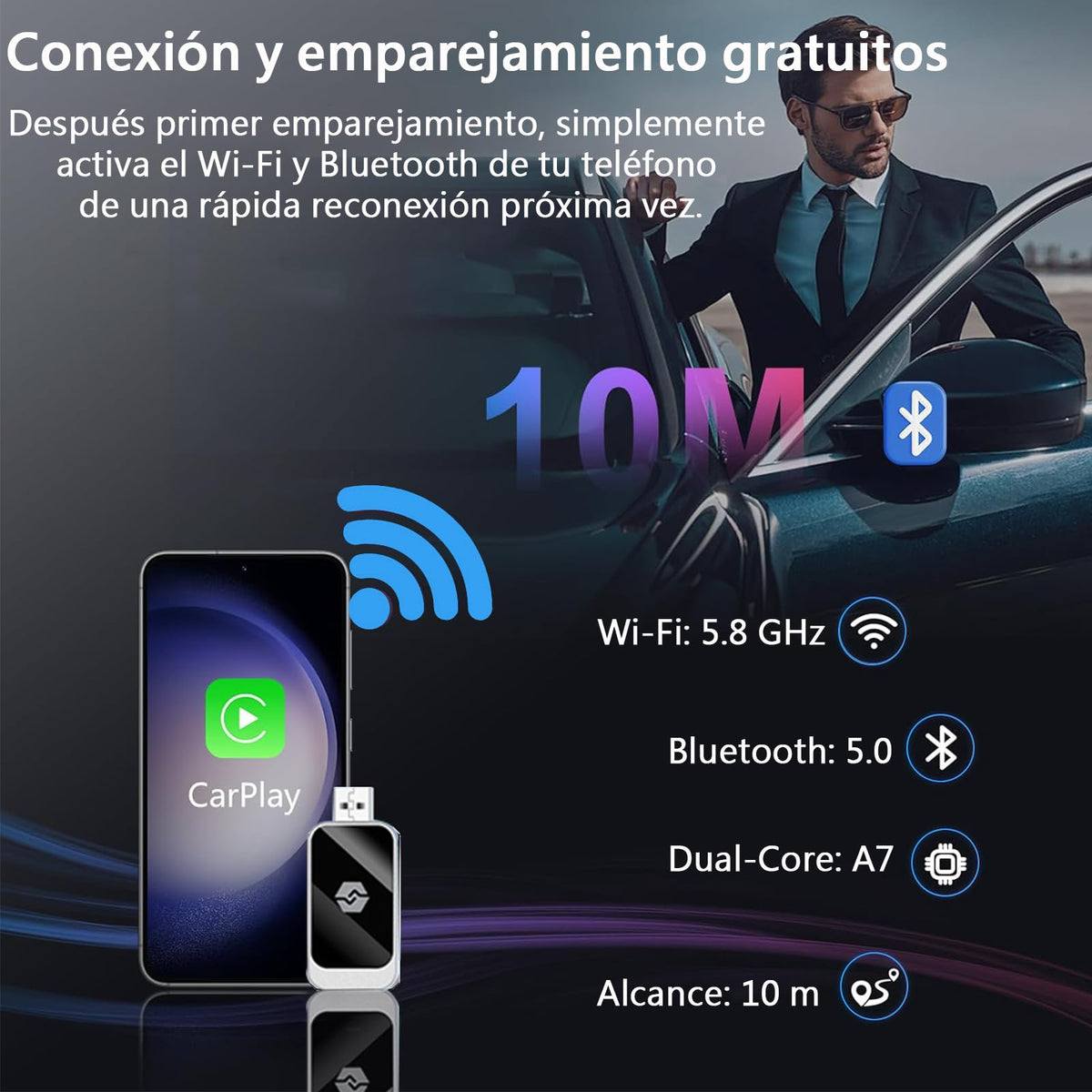 Adaptador Carplay Inalámbrico para Auto 2 en 1 con Android Auto y Conexión Automática