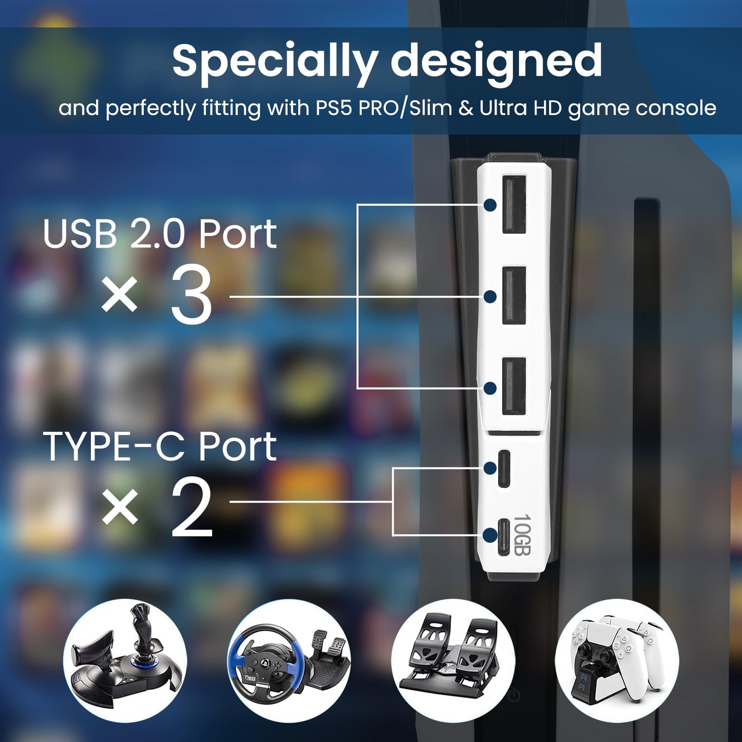 Concentrador USB Raryars Blanco de Alta Velocidad con 3 Puertos para PS5 Slim y PS5 Pro