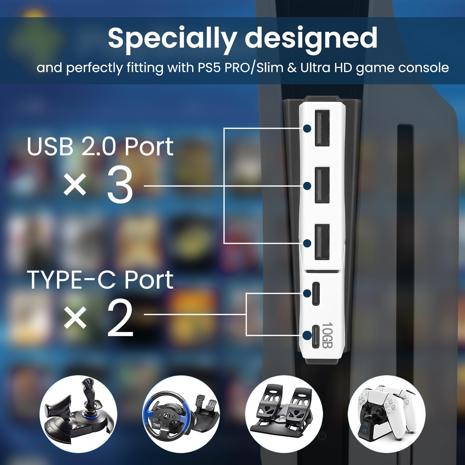 Concentrador USB Raryars Blanco de Alta Velocidad con 3 Puertos para PS5 Slim y PS5 Pro