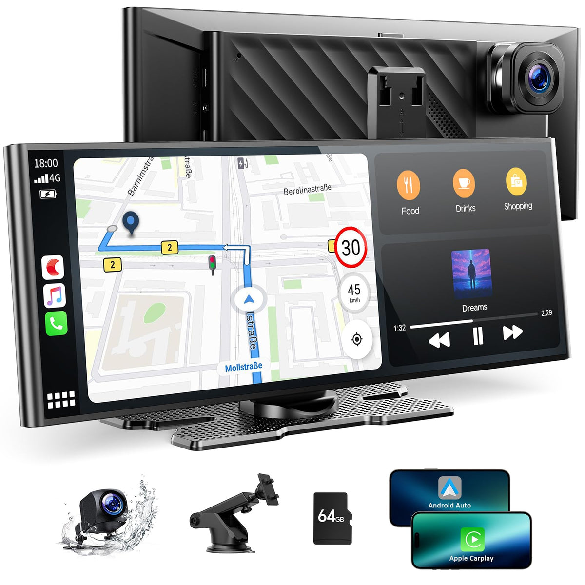 Visualización Carplay Volam 9.26 Pulgadas Negro con Cámara de Salpicadero 4K Compatible con Apple Carplay y Android Auto