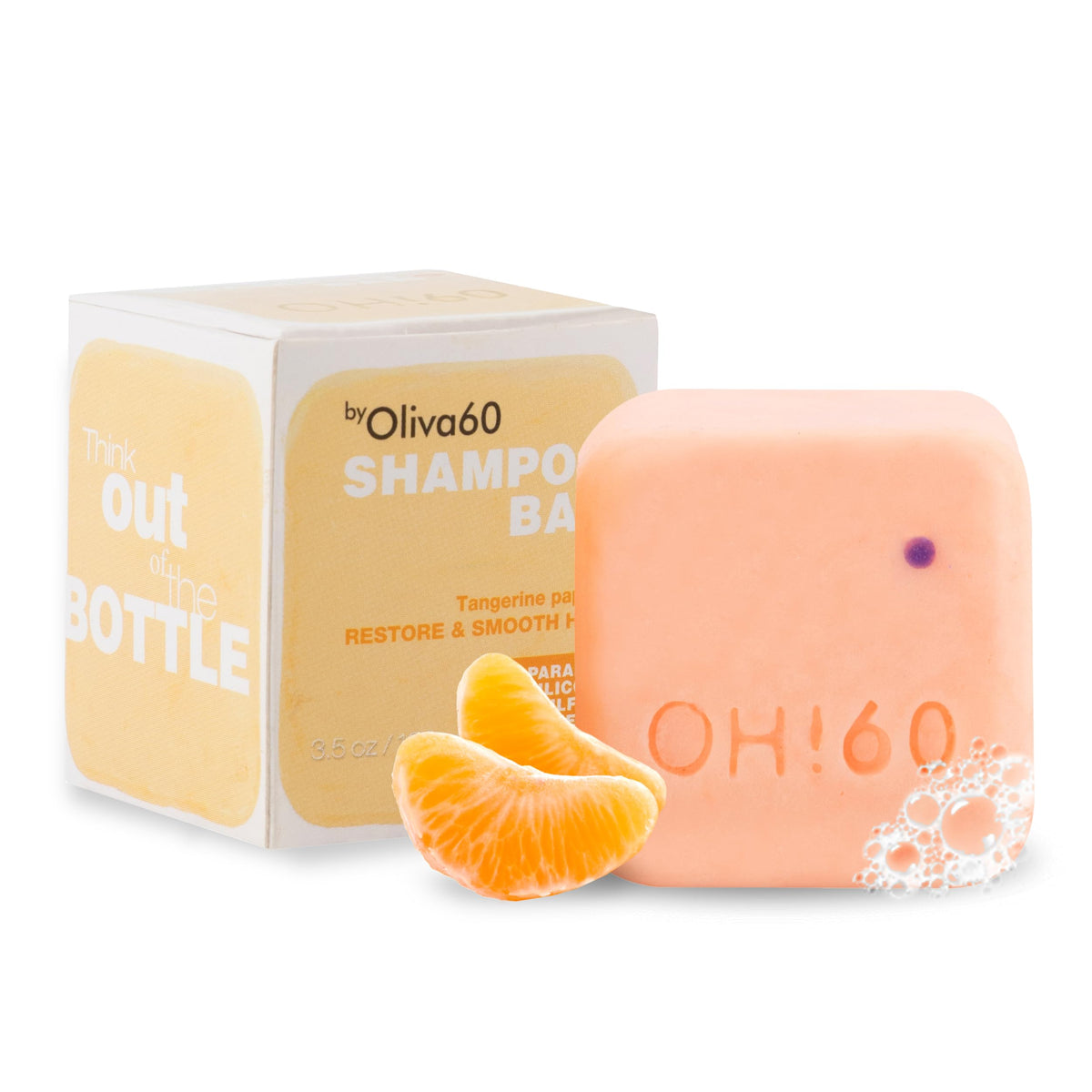 Shampoo en barra de Oliva. Oliva60, Sin sulfatos, Con aceite de argán, macadamia, extracto de aloe, provitamina B5. 100 gr. (Wild orange)