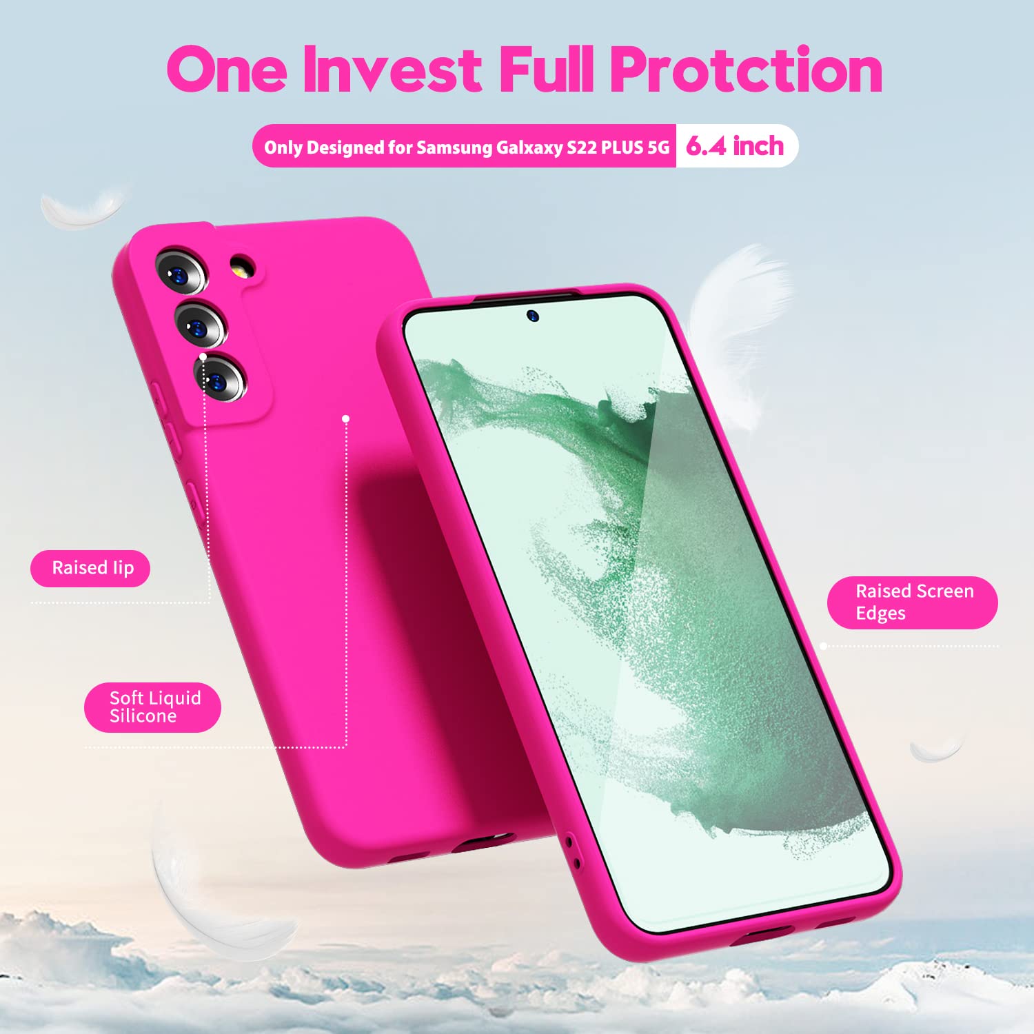 oakxco - Funda de silicona líquida para Samsung Galaxy S22 Plus, color sólido fluorescente, delgada, de goma suave, de TPU suave, de gel suave, para mujeres y niñas, color rosa fucsia