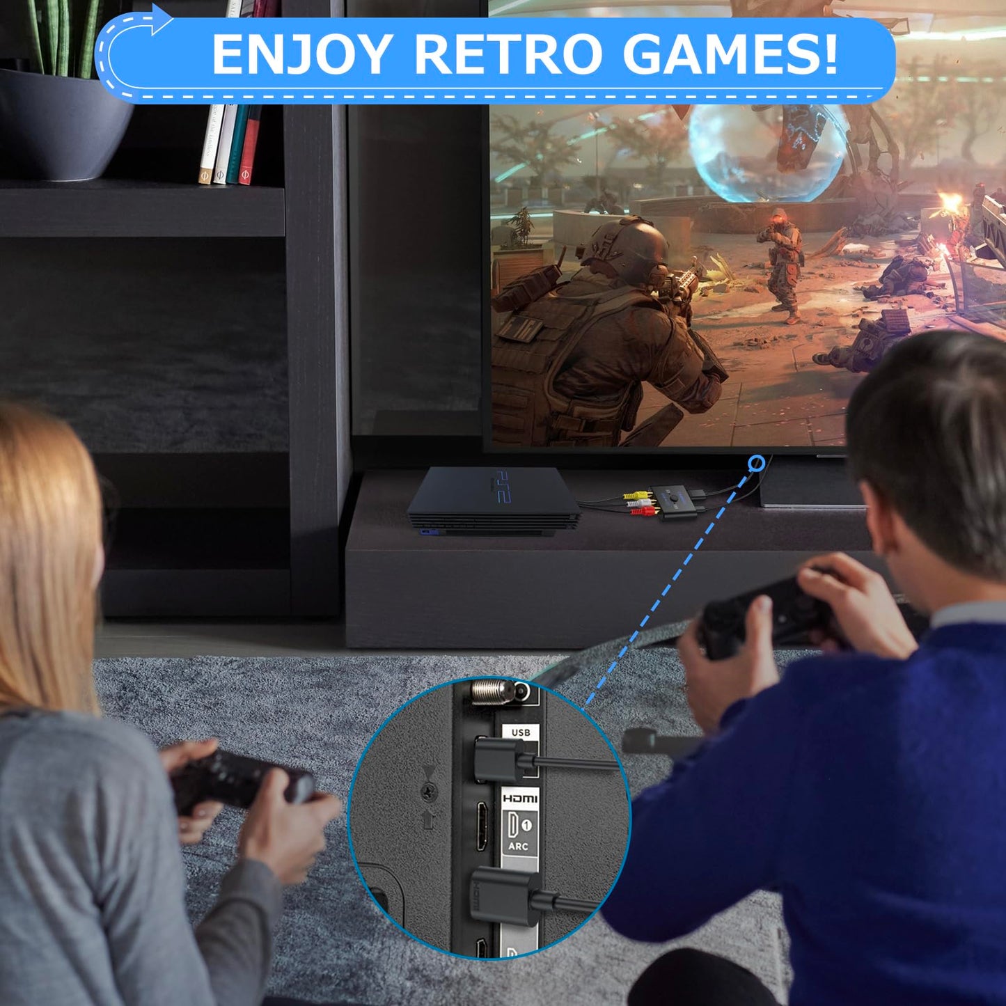 CAMWAY Adaptador RCA a HDMI, 16:9/4:3, conversión 1080P compuesto CVBS AV RCA convertidor de audio de vídeo con cable HDMI de 50 cm, adaptador AV compatible con PAL/NTSC para Wii/PS1/PS2/N64/Xbox/DVD
