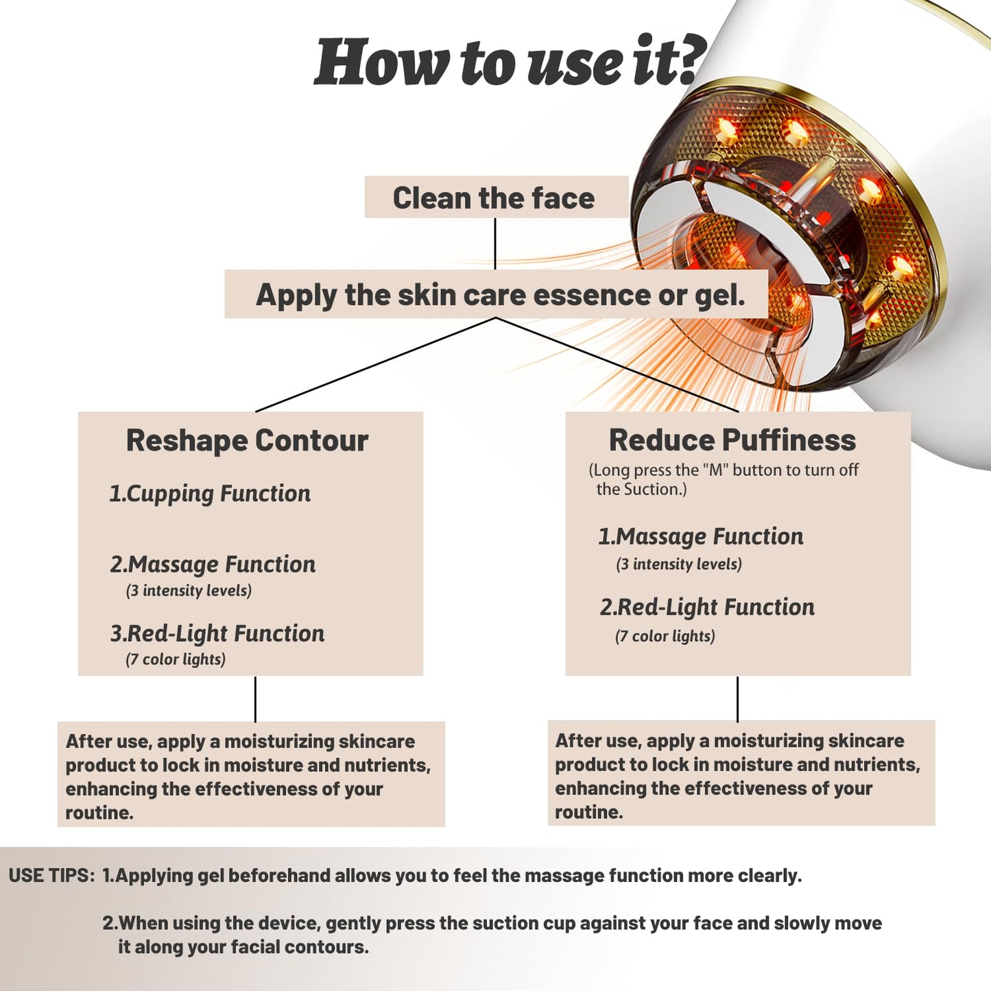 CENXIGO Masajeador de drenaje linfático 3 en 1, ventosas para contorno facial, luz roja, herramienta para reafirmar la piel facial, reductor de papada.