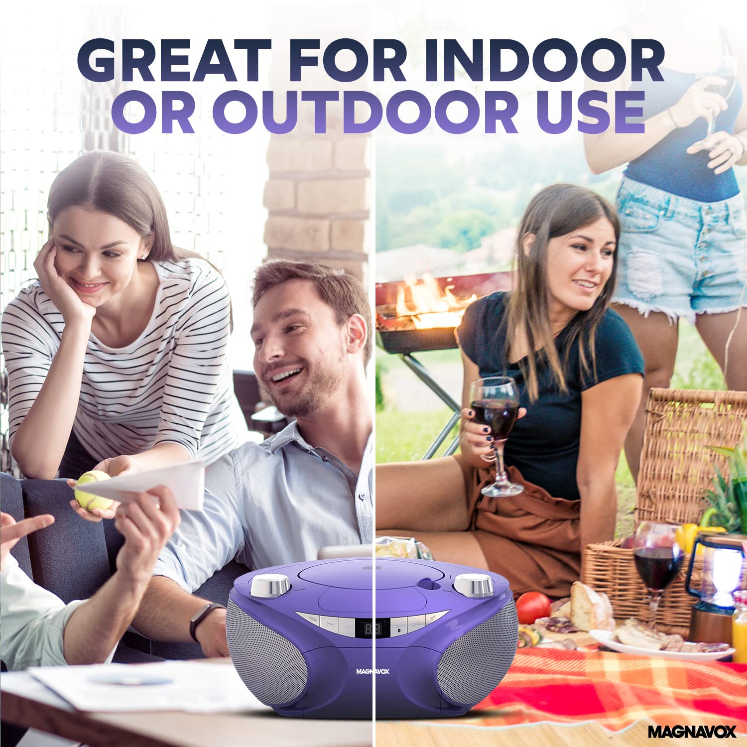 Magnavox MD6949-PL - Boombox portátil de carga superior con radio estéreo AM/FM y tecnología inalámbrica Bluetooth en color morado | Compatible con CD-R/CD-RW | visualización LED |