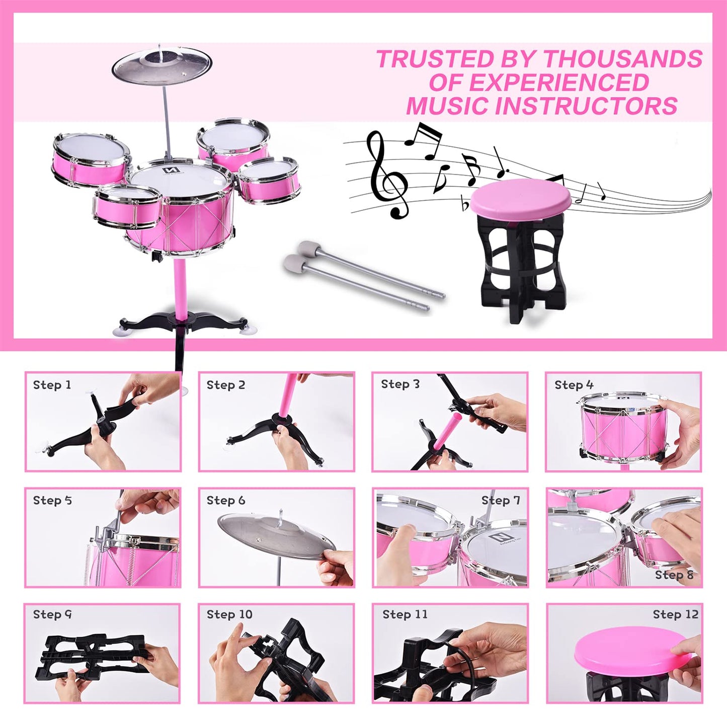 Adecuado para niños de 3 a 7 años, juego de tambor para niños, tambor de jazz (rosa)