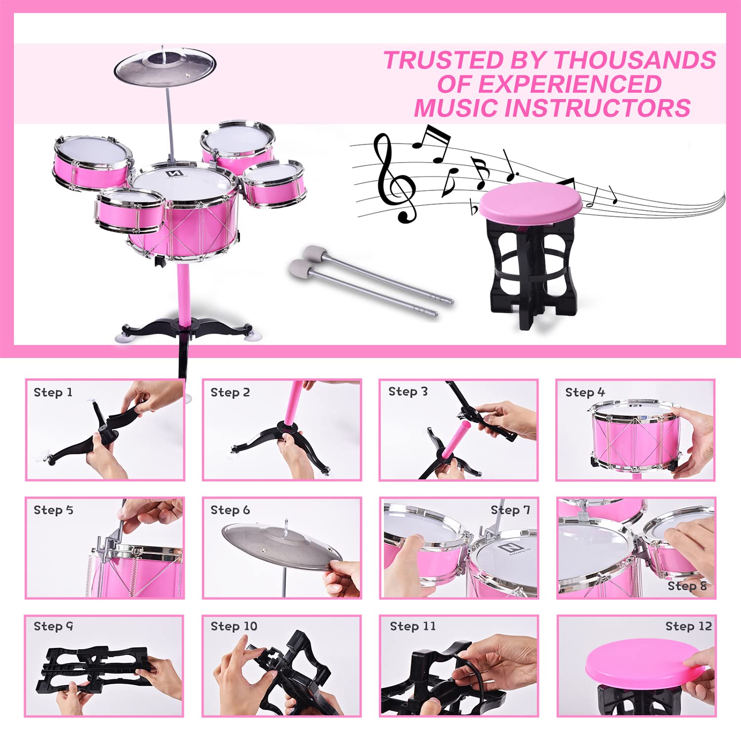 Adecuado para niños de 3 a 7 años, juego de tambor para niños, tambor de jazz (rosa)