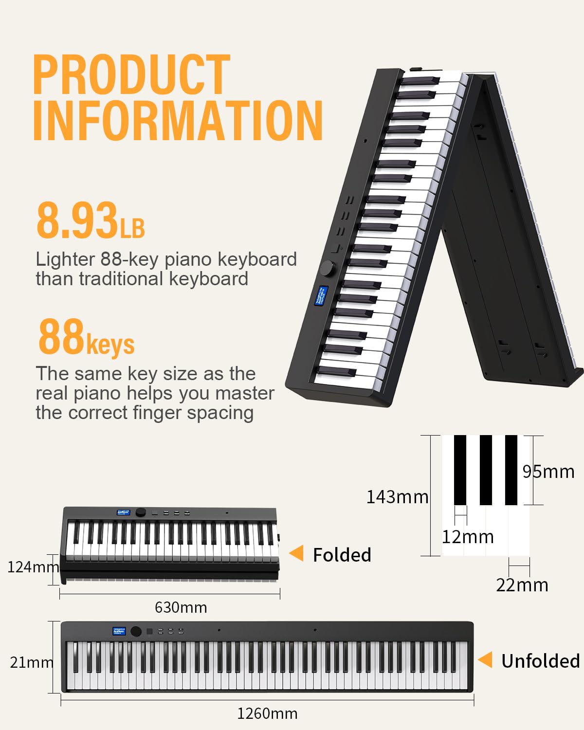 KONIX Teclado de piano plegable, 88 teclas de tamaño completo, teclado de piano plegable semipesado, teclado electrónico portátil Bluetooth con soporte de partitura, pedal sostenible y bolsa de piano,