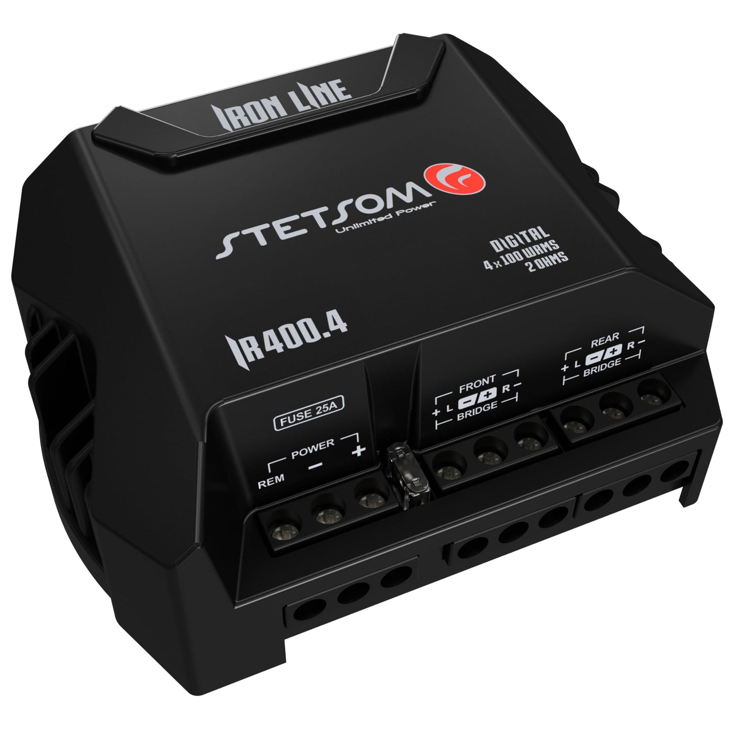 Amplificador Compacto IR400.4 STETSOM 2 Ohms Iron Line para Auto 400W 4 Canales