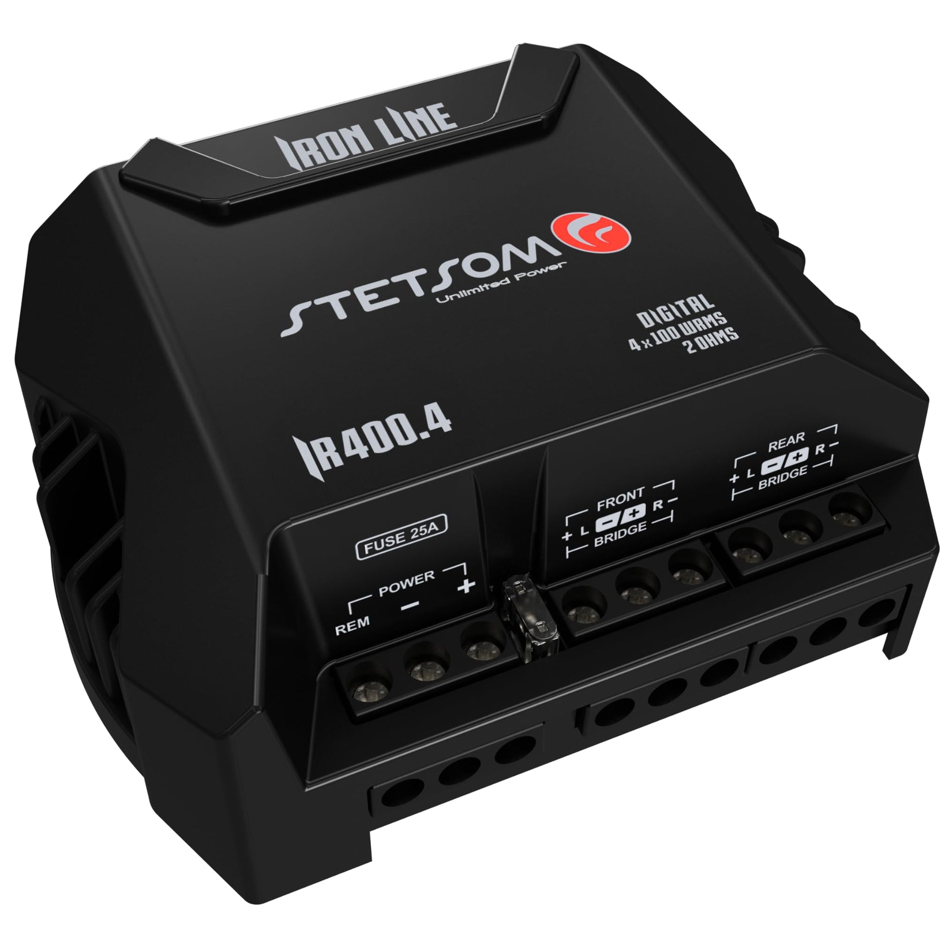 Amplificador Compacto IR400.4 STETSOM 2 Ohms Iron Line para Auto 400W 4 Canales