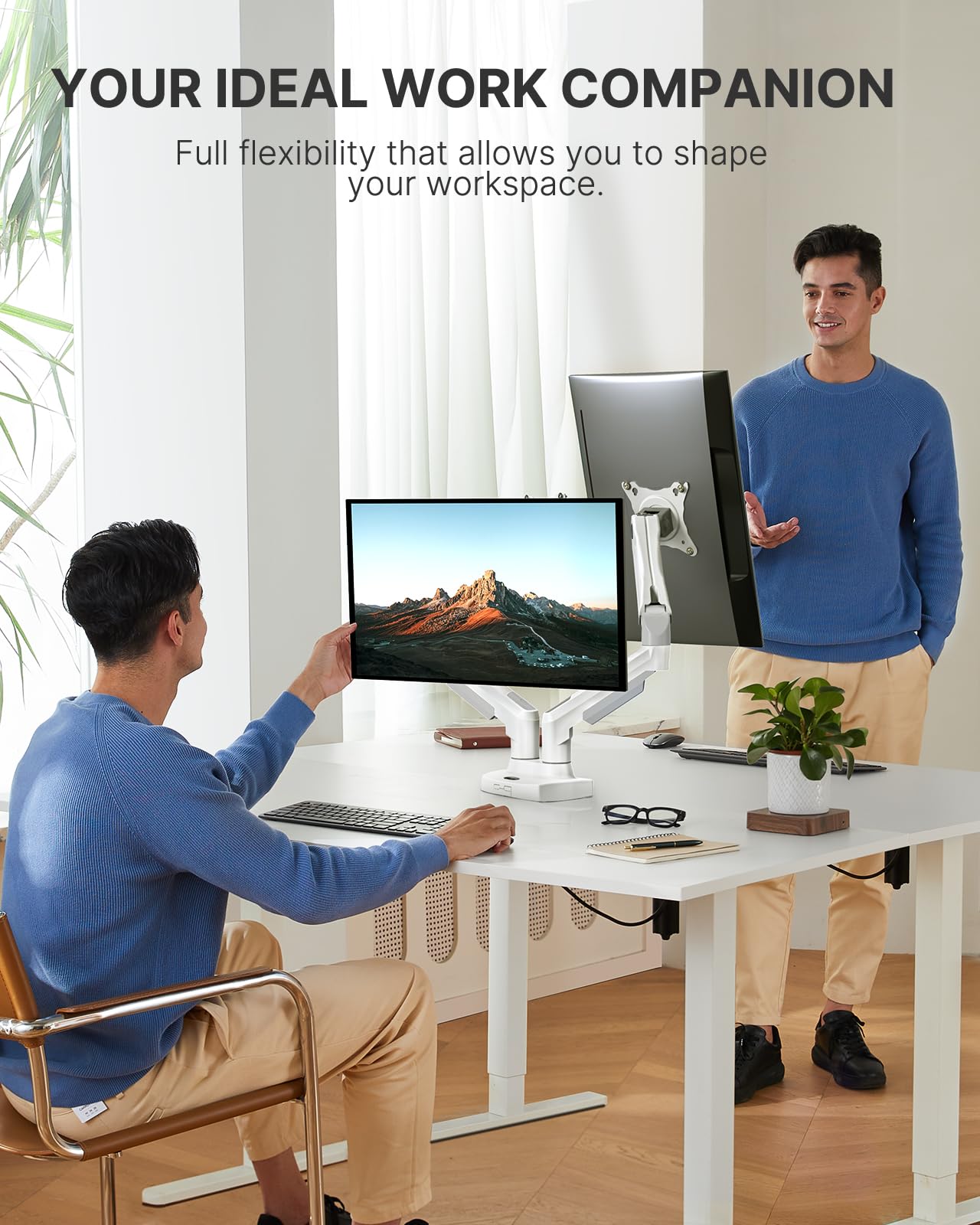 HUANUO Soporte Doble Monitor, Brazo para Monitor Totalmente Ajustable, Montaje VESA con Abrazadera en C y Base de Ojal para Pantallas de 13 a 32 Pulgadas, Cada Brazo Soporta de 2 a 9 KG-Blanco