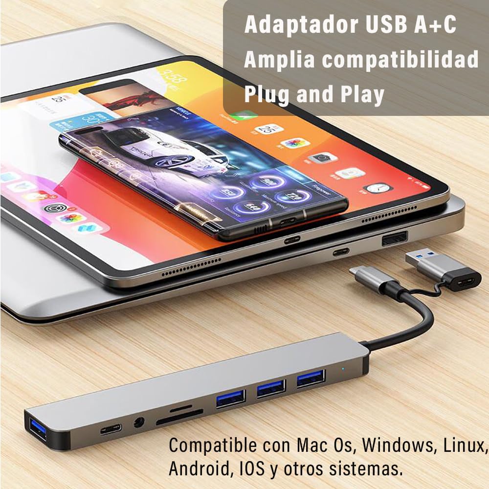 Hub USB C 3.0 8 en1, Adaptador USB a Tipo C Multipuerto con Jack 3.5, 4 Puertos USB 1 Puerto USB C, Puertos TF y SD, Adaptador para MacBook Air/Pro iPad y Más Dispositivos PC/Laptop/Tablet
