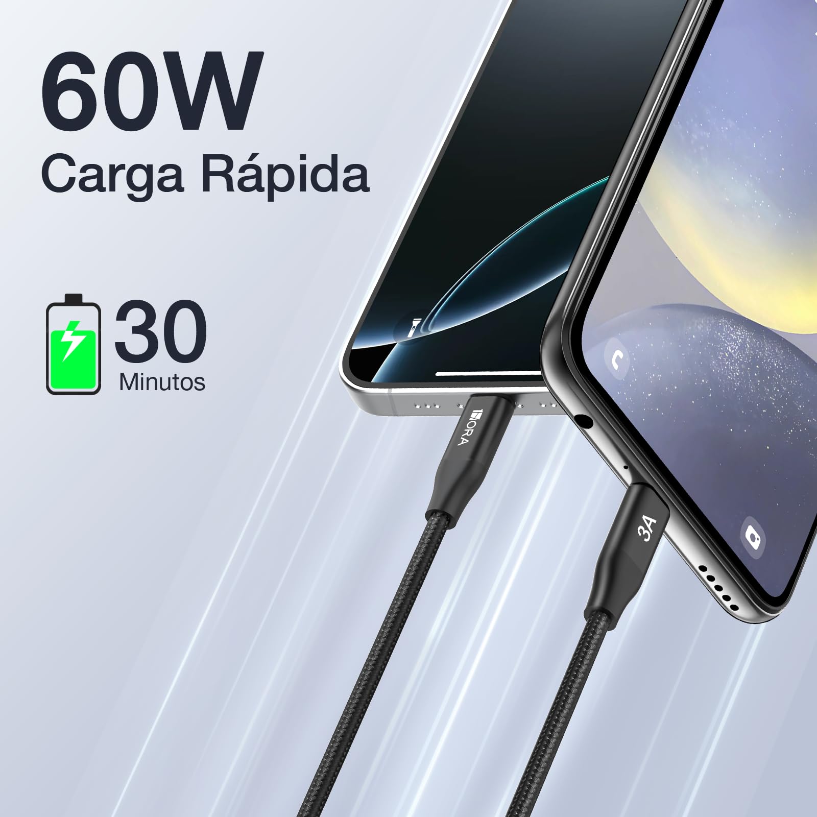 Cable USB C a USB C 60W Nylon Tejido Carga Rápida 2M para iP16/15 Galaxy S25/A05 Xiaomi Pocoswitch