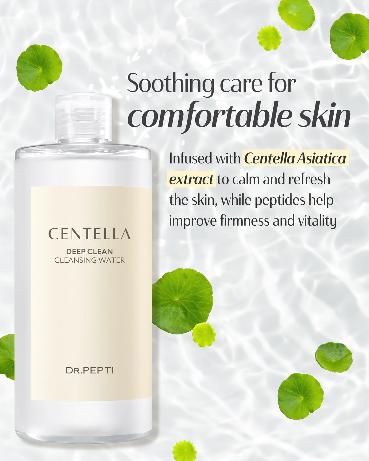 Dr.pepti Agua Limpiadora Profunda Centella - Limpiador Facial Desmaquillante Micelar Coreano - Equilibra el Ph, Hidratante, Suave para Pieles Sensibles y Secas, Amino?cidos de Manzana, P?ptidos, 13,5