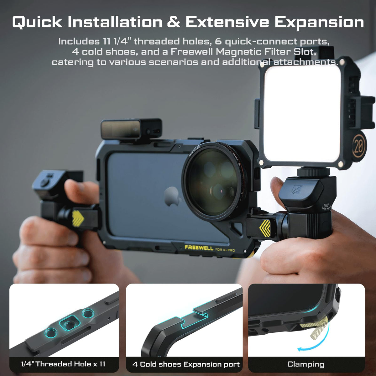 Rig Cage Freewell iPhone 16 Pro Negro Configuración sin Herramientas con Asas Multifuncionales y Control Remoto Bluetooth