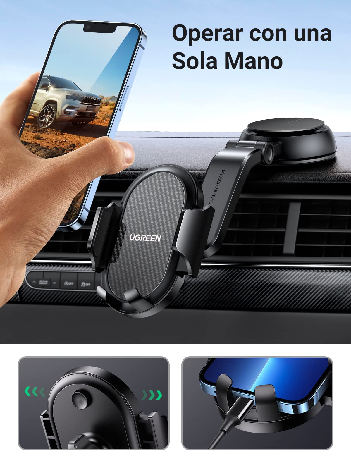 Soporte Celular UGREEN Negro para Automóvil Compatible con iPhone Galaxy