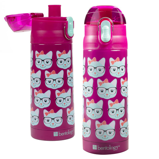 Bentology - Botella de agua aislada de acero inoxidable para niñas, 384 ml, fácil de usar, reutilizable, a prueba de derrames, sin BPA, mantiene el frío por horas, a prueba de fugas, diseño de gatitos