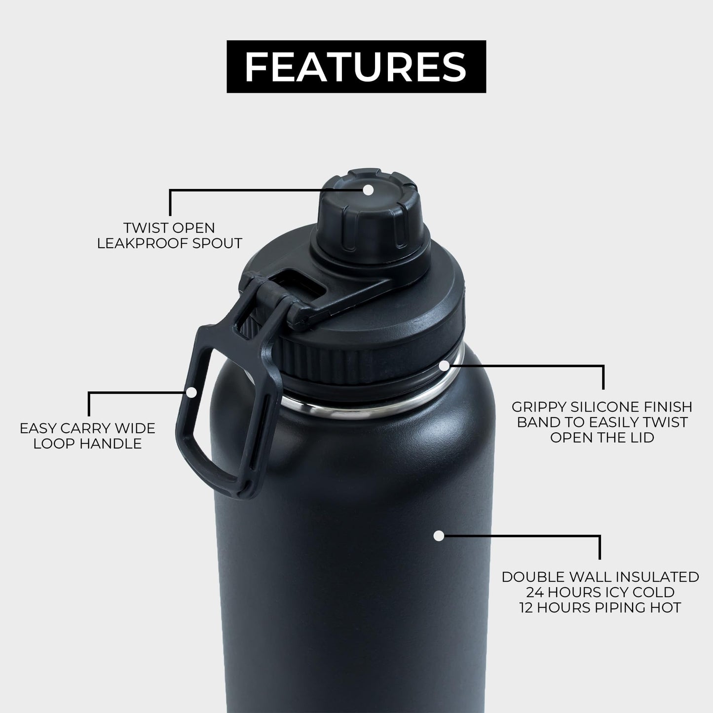 BOZ - Paquete de 2 botellas de agua de acero inoxidable, botella de agua gris + botella de agua negra, botellas de agua aisladas al aspiradora, 32 onzas, botellas de agua deportivas sin BPA para