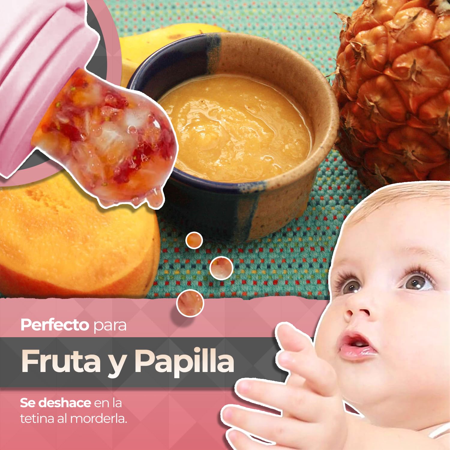 Chupón para Fruta y Papilla, con Seguro y Tapa, Diseños de Dinosaurio, 2 Piezas, Varios Colores y Libre de BPA, Para Niño y Niña | Rosa y Verde Amarillo
