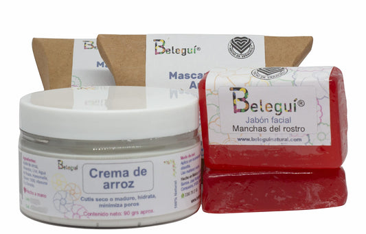 Beleguí, Kit Arroz 5 Piezas. Crema, Jabones y Mascarilla de arroz. Hidratar, líneas de expresión. Piel seca o madura