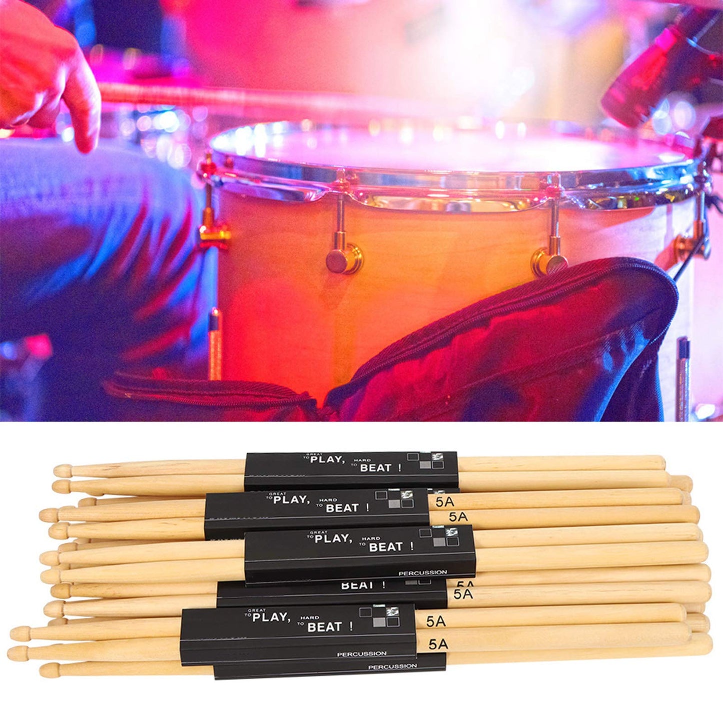 Aukson Baquetas para batería, 12 Pares de Baquetas con Cabeza de Palo en Forma de lágrima Baquetas de 5A para Practicar la interpretación en el Escenario
