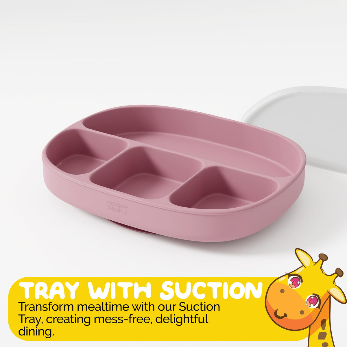 Muqee Peeko Bandeja para bebés con ventosas, Color Rosa. Bandeja para niña. Parte de los artículos Esenciales para la alimentación del bebé. Fabricada en Silicona Segura para bebés.