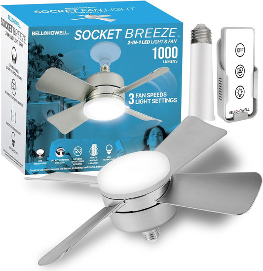 Bell+Howell Socket Breeze Cool Light Deluxe Silver - Ventiladores de techo con luces LED y control remoto, repuesto para foco - recámara, cocina, sala de estar, 1000 lúmenes / 5000 Kelvins