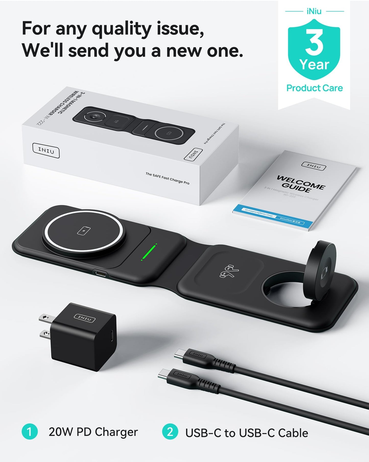 INIU 3 en 1 Cargador inalámbrico, Magnetic Foldable Wireless Charger Certificación Qi Rápido Soporte Phone Carga 20W Cargador para iPhone 15 14 13 12 Series, AirPods iWatch 7 6 5 4 3 2 1 Pro
