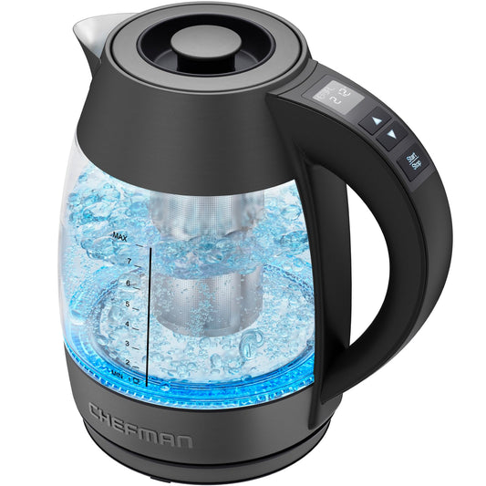 Chefman - Hervidor eléctrico digital con tecnología de ebullición rápida de 3 minutos, temporizador de empinada personalizado y preajustes de temperatura, infusor de té adicional, a prueba de óxido y