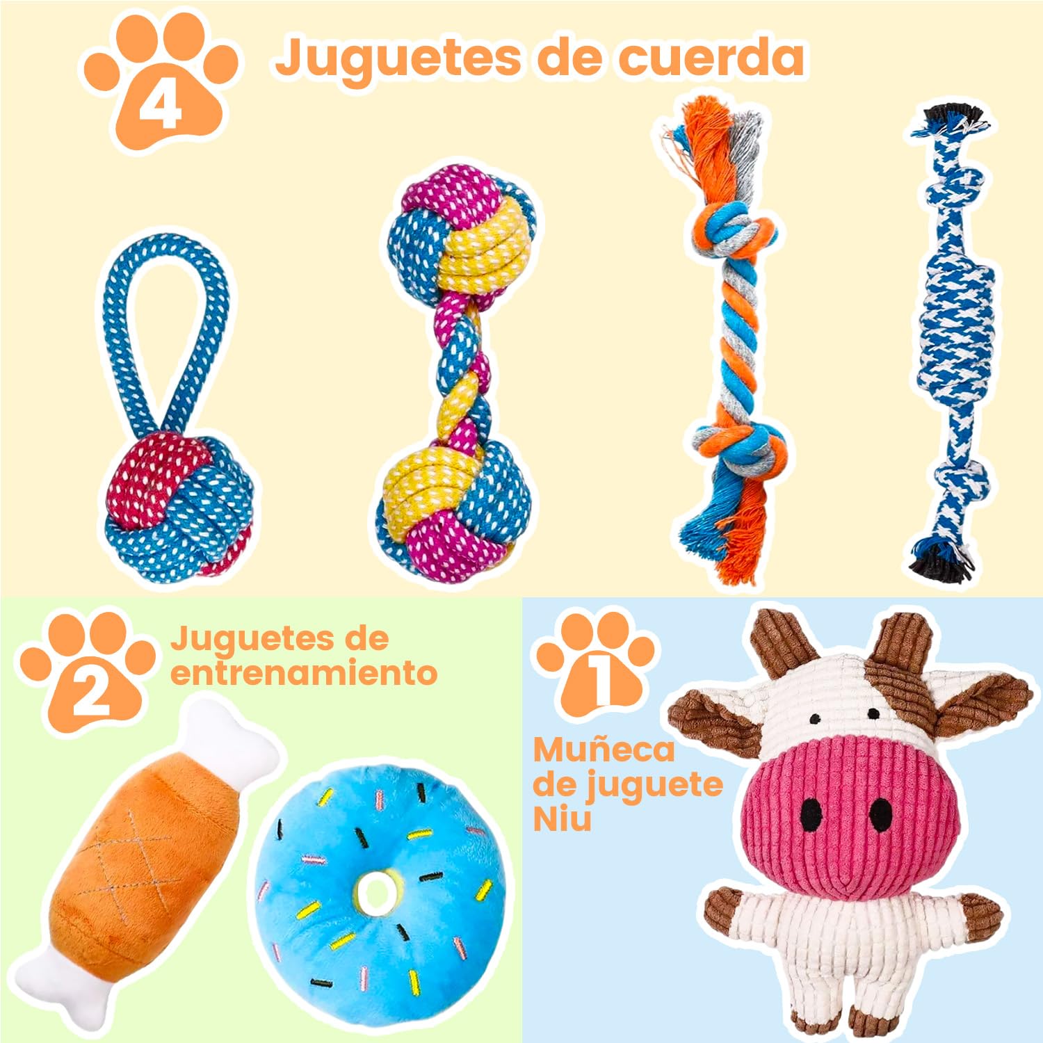 Juguete de cuerda para morder perros, 7pcs juguetes para perros pequeños, lindos juguetes para perros que chirrían ternera, juguetes duraderos para dentición cachorros, cuerdas para masticar cachorro