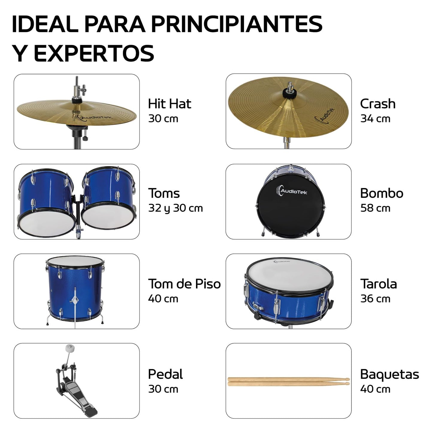 AUDIOTEK Bateria Acustica 5 Piezas Completo Platillos Atriles Bombo 23 Pulgadas Toms Redoblante Tambor de Piso Baquetas Incluidas Kit Musical Semi Profesional para Principiantes y Adultos (Azul)