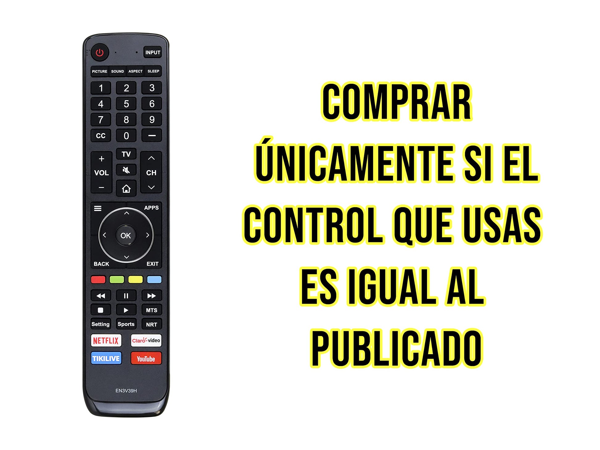 Control Remoto Compatible con Hisense EN3V39H Smart TV 4K 43H6C 43H6D 50H6C 50H6D 55H6B 55H6C 55H6D 65H6C 65H6D, Youtube y Claro Video