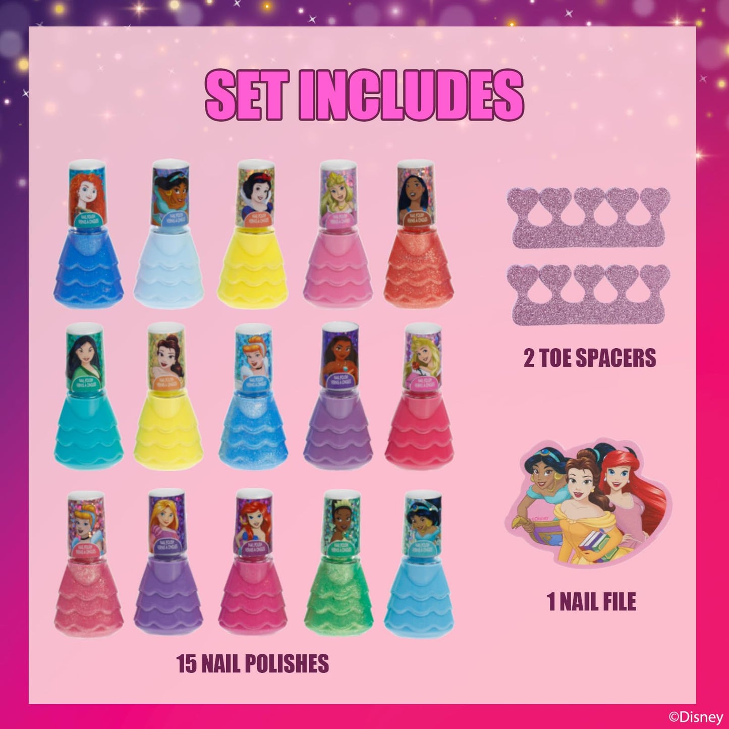 Disney Princess Esmalte al Agua 15 pzas Fácil de Quitar para Niñas
