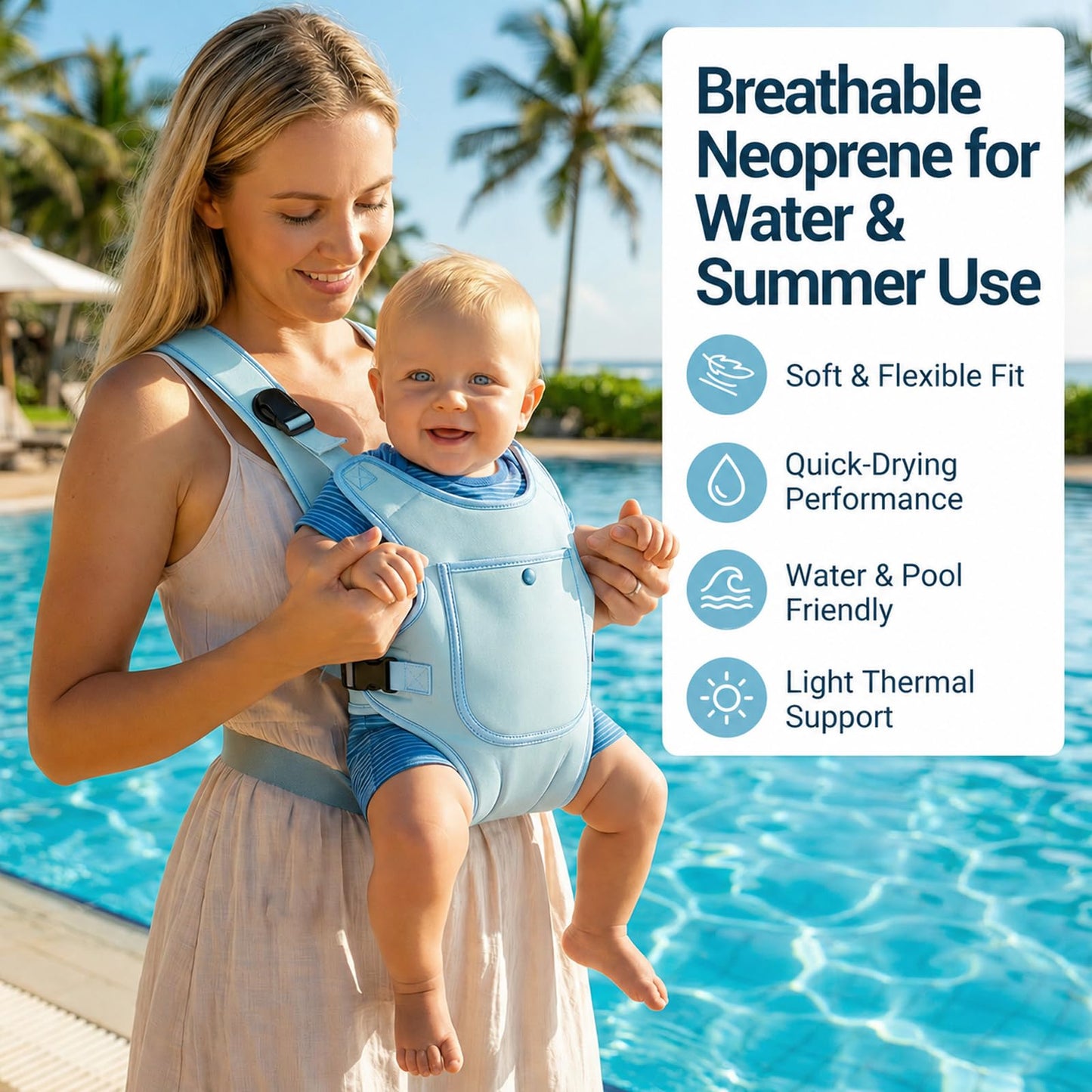 Portabebés de neopreno para bebés recién nacidos a niños, ergonómico e impermeable para el pecho con correas ajustables, transpirable y ligero, equipo de uso para verano, piscina, natación y playa