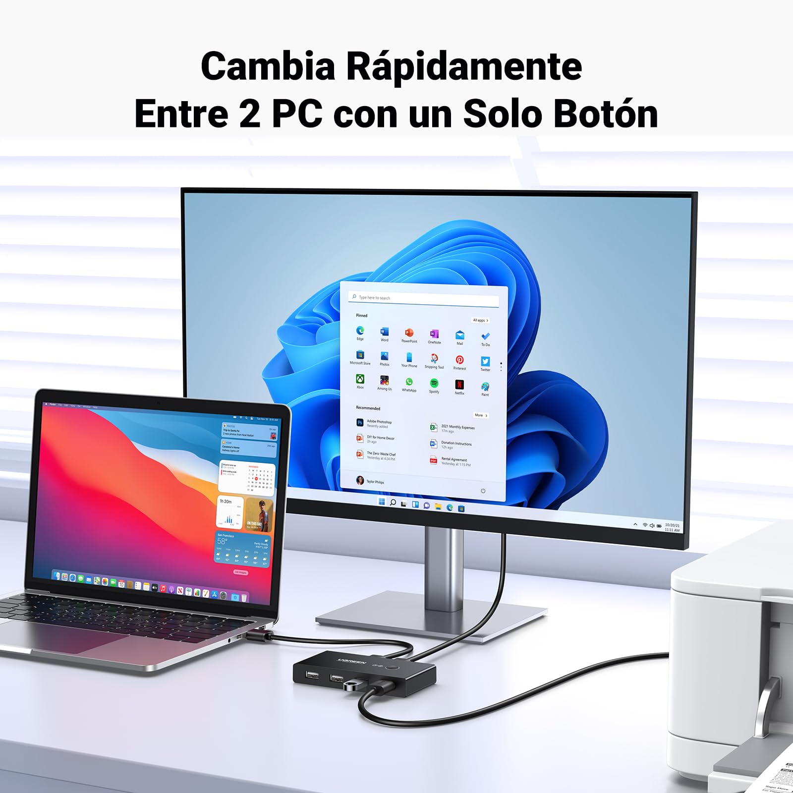 Selector USB 2.0 UGREEN Negro 2 Entradas 4 Salidas para Compartir Dispositivos