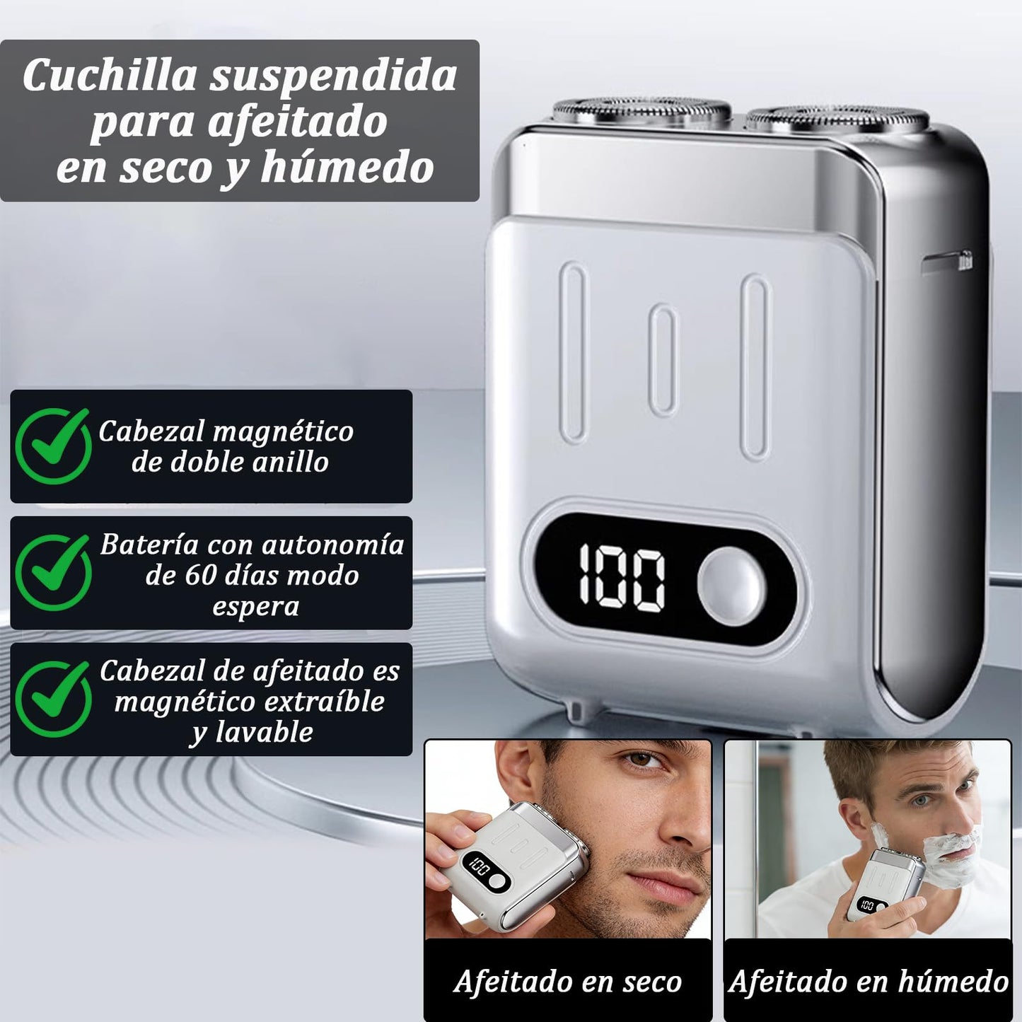 Afeitadora Eléctrica Portátil Rotativa,9000 Rpm de Mini Rasuradora Eléctrica,Luggage Electric Shaver,Doble Cabezal,un Botón,Uso en Seco y Húmedo,Afeitado Precisión de 360°,para Viajes,Hogar y Oficina (Blanco)