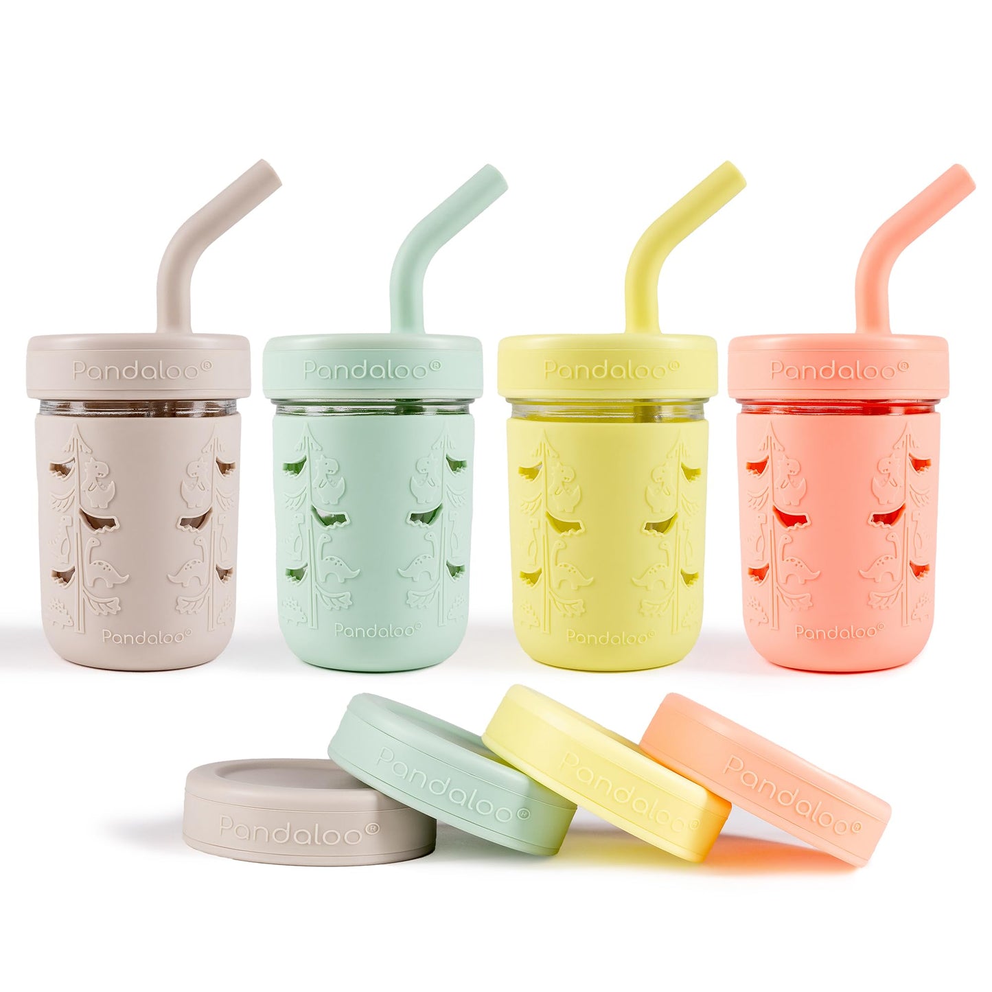 Pandaloo Mason Jar Vaso para Niños Pequeños | Vasos de Vidrio de 8 oz con Funda y Tapas de Silicona | Vasos Resistentes a Derrames para Batidos y Aperitivos para Niños | Sin BPA | Pajita Interior de