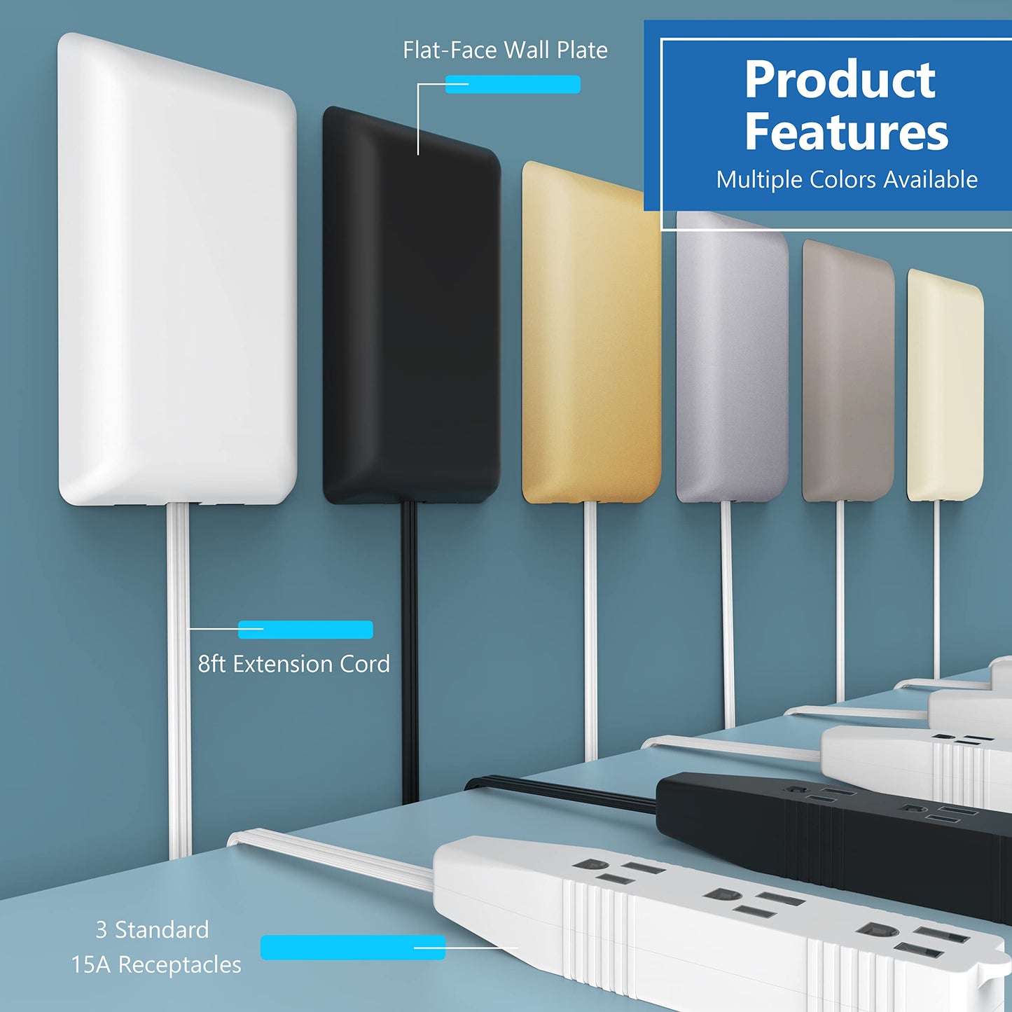 LIDER Extensor de toma de cara plana con 3 receptáculos, enchufe de placa de pared ultradelgado con extensor de cable y tira de alimentación de 3 salidas, cable de 8 pies, LWE8-315-W, listado ETL