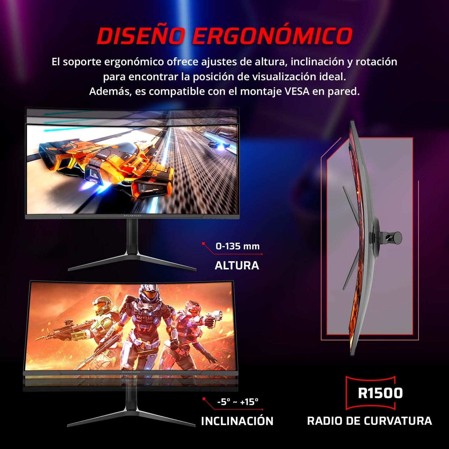 Balam Rush Monitor Gamer Curvo de 34" VA/Ultra Explorer MXT34P / 2K / 165 Hz / 1ms / Bocinas/Altura Ajustable/RGB/VESA 100 x 100, Negro