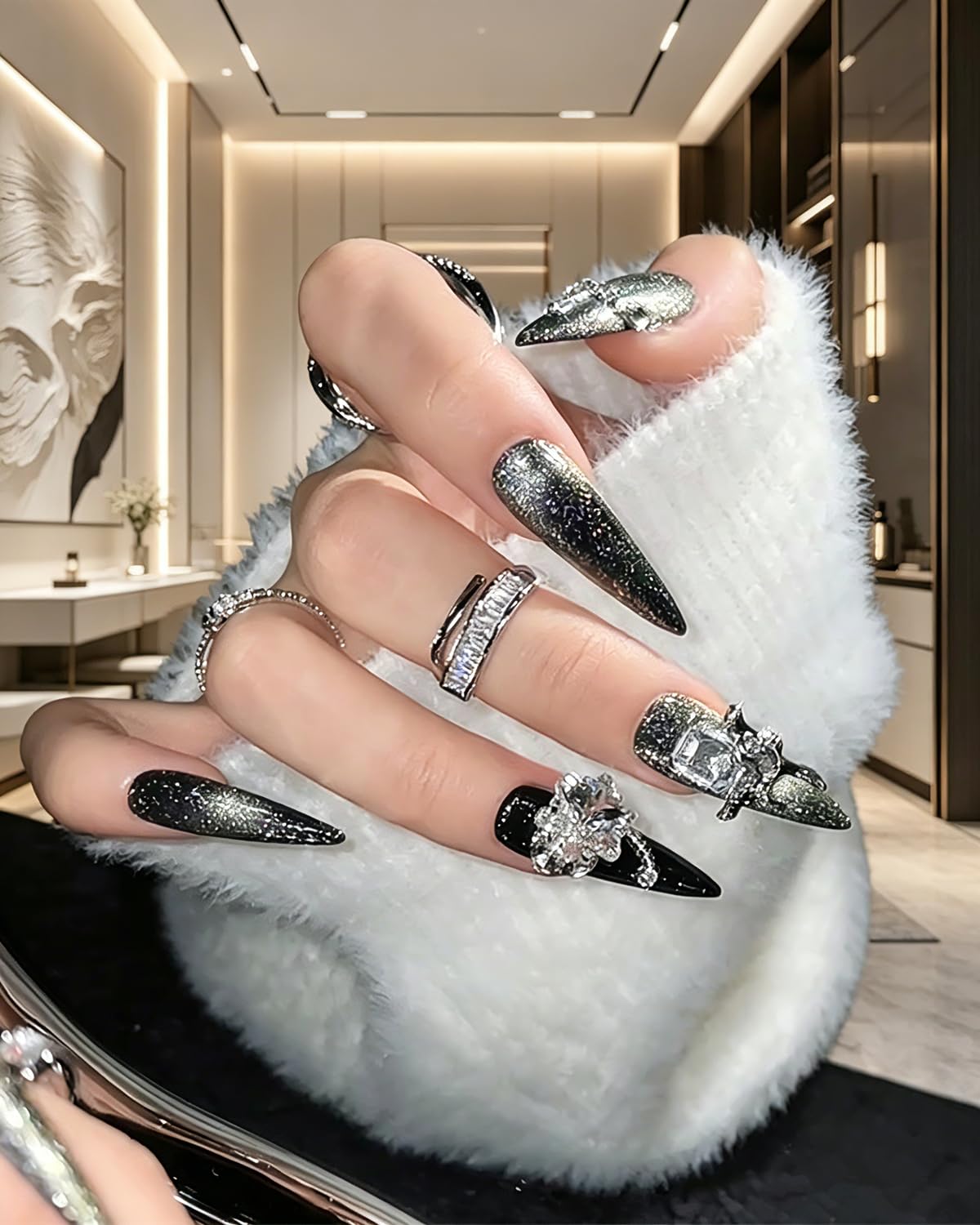 Camilcy Clavos Hechos A Mano, Punta Larga, Negra, Pintada A Mano, Reutilizable, Gel, Acabado Uv, Uñas Postizas Preformadas para Mujeres, 10 Piezas, Uñas 3D, Con Estrás, Prensa En Uñas(Negro, Talla M,