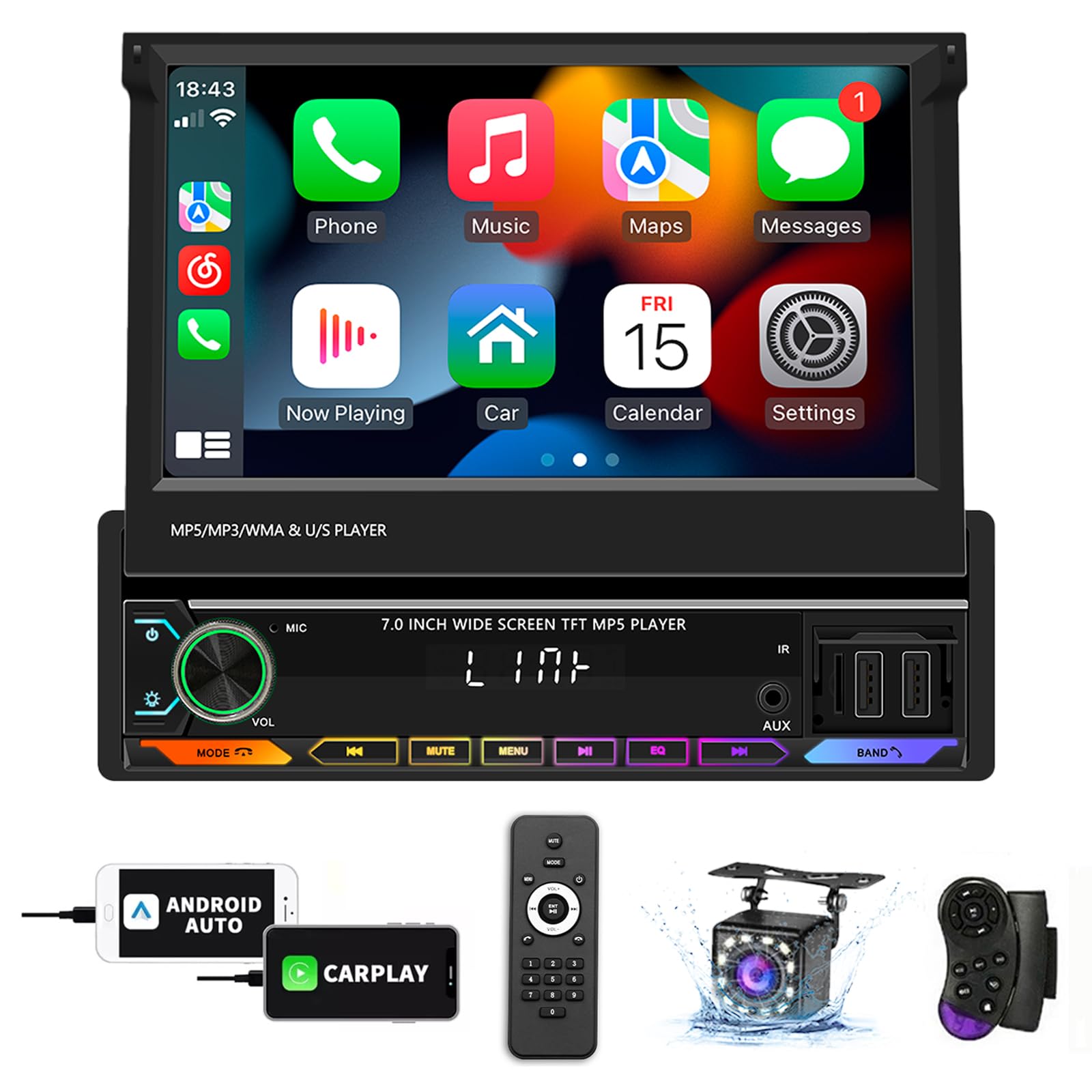 FINYQBET Stereo para Auto de 7 Pulgadas,estereo 1 din con CarPlay y Android Auto, Control de Volante y Cámara de Reversa,Estereos para Coches Ideal para Conducir Seguro y Disfrutar de Música Inmersiva