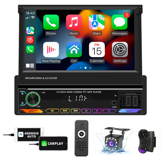 FINYQBET Stereo para Auto de 7 Pulgadas,estereo 1 din con CarPlay y Android Auto, Control de Volante y Cámara de Reversa,Estereos para Coches Ideal para Conducir Seguro y Disfrutar de Música Inmersiva