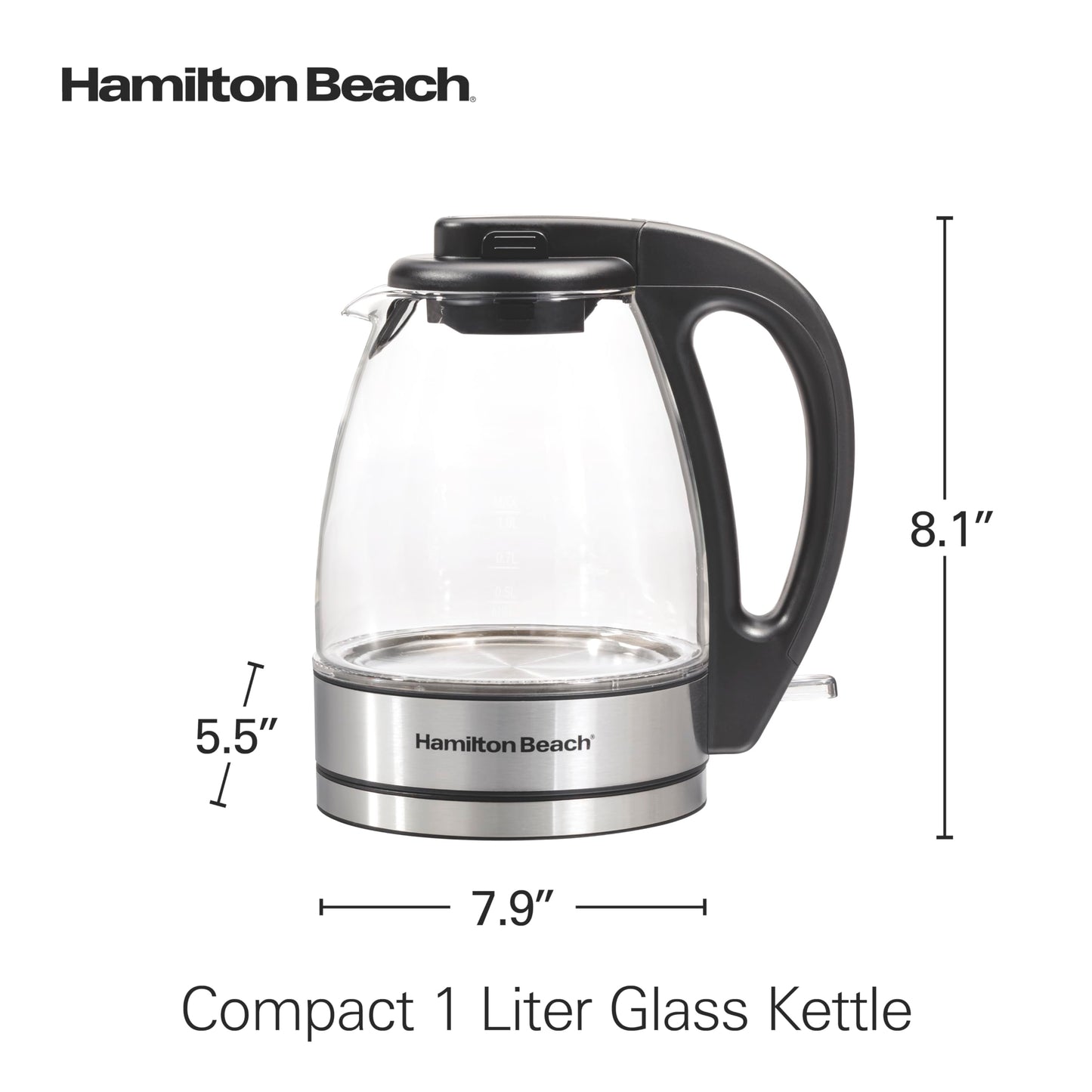 Hamilton Beach Compact, Tetera Eléctrica De Vidrio Unisex Adulto, Negro (Black), 1 L