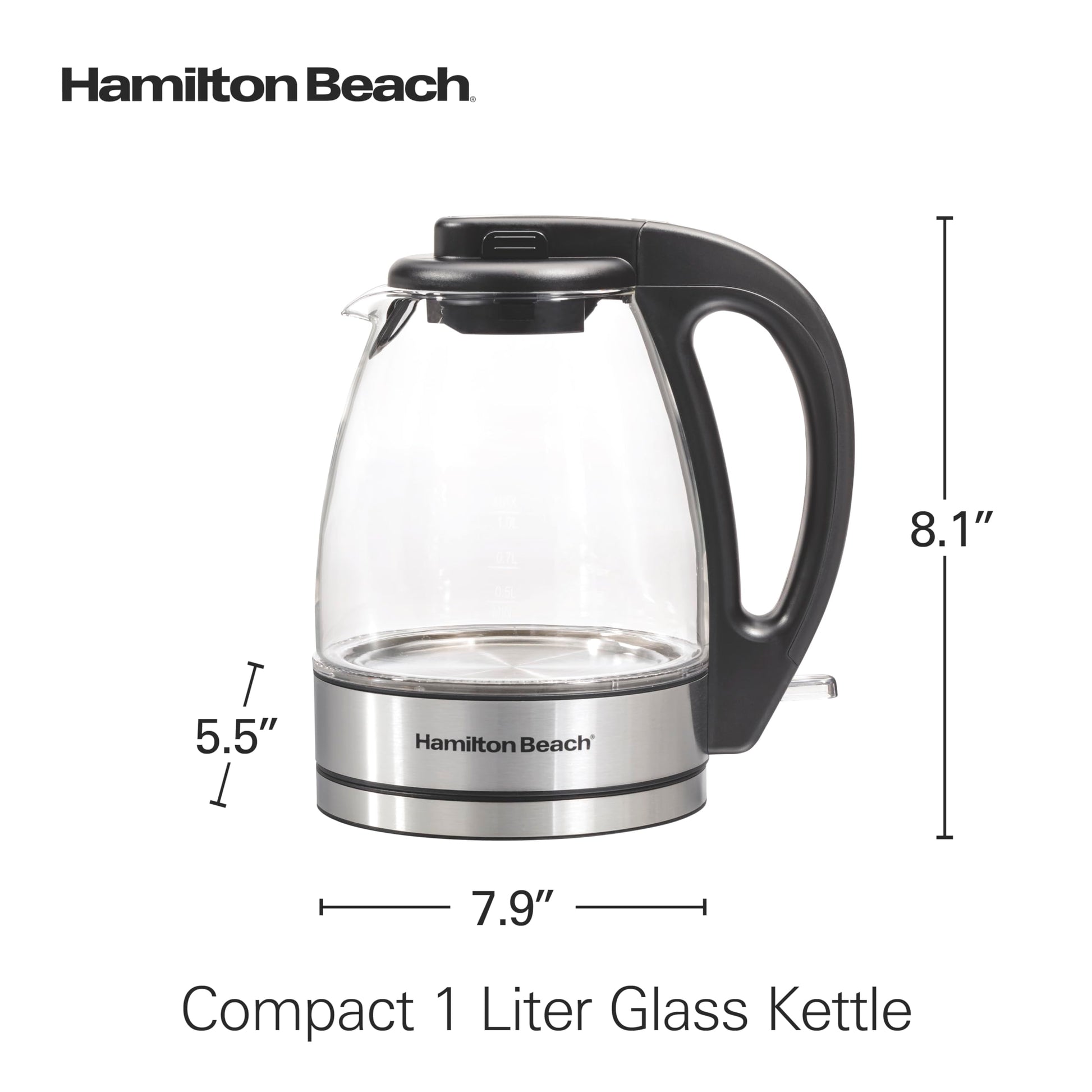 Hamilton Beach Compact, Tetera Eléctrica De Vidrio Unisex Adulto, Negro (Black), 1 L