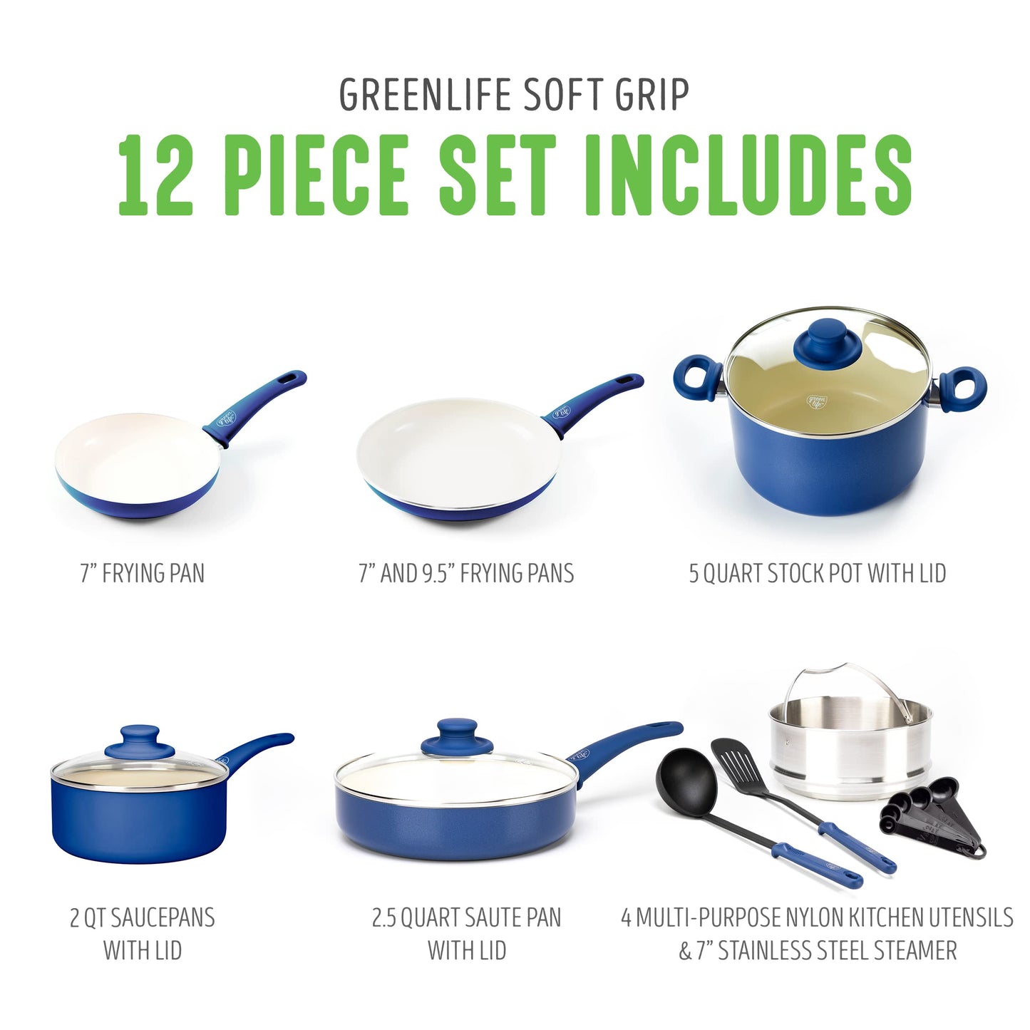GreenLife Soft Grip Healthy Ceramic - Juego de ollas y sartenes antiadherentes de 12 piezas, sin PFAS, apto para lavaplatos, color azul